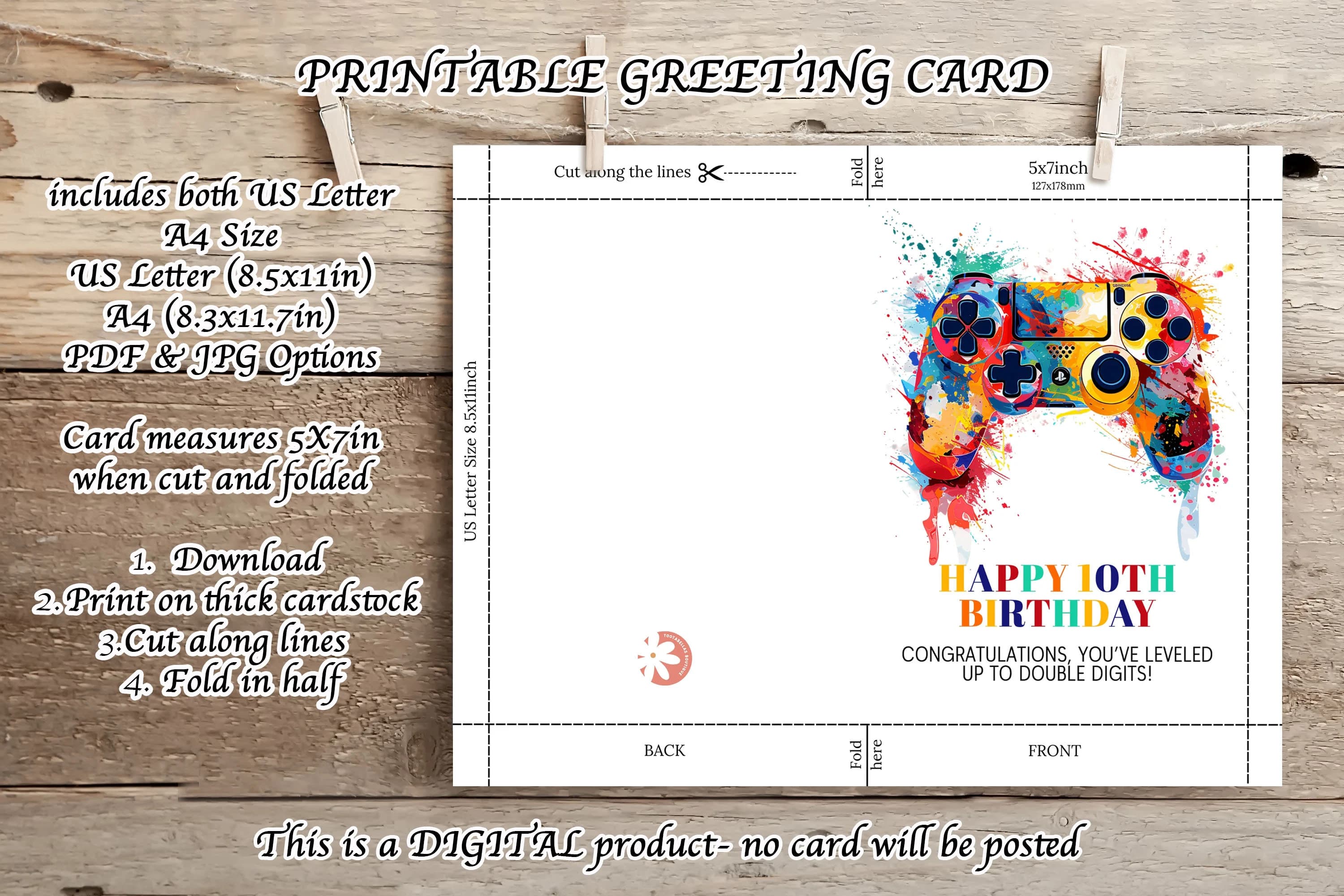 Gamer 10th Birthday Card: Watercolor Controller, Leveled Up (PDF & JPG) - image 5