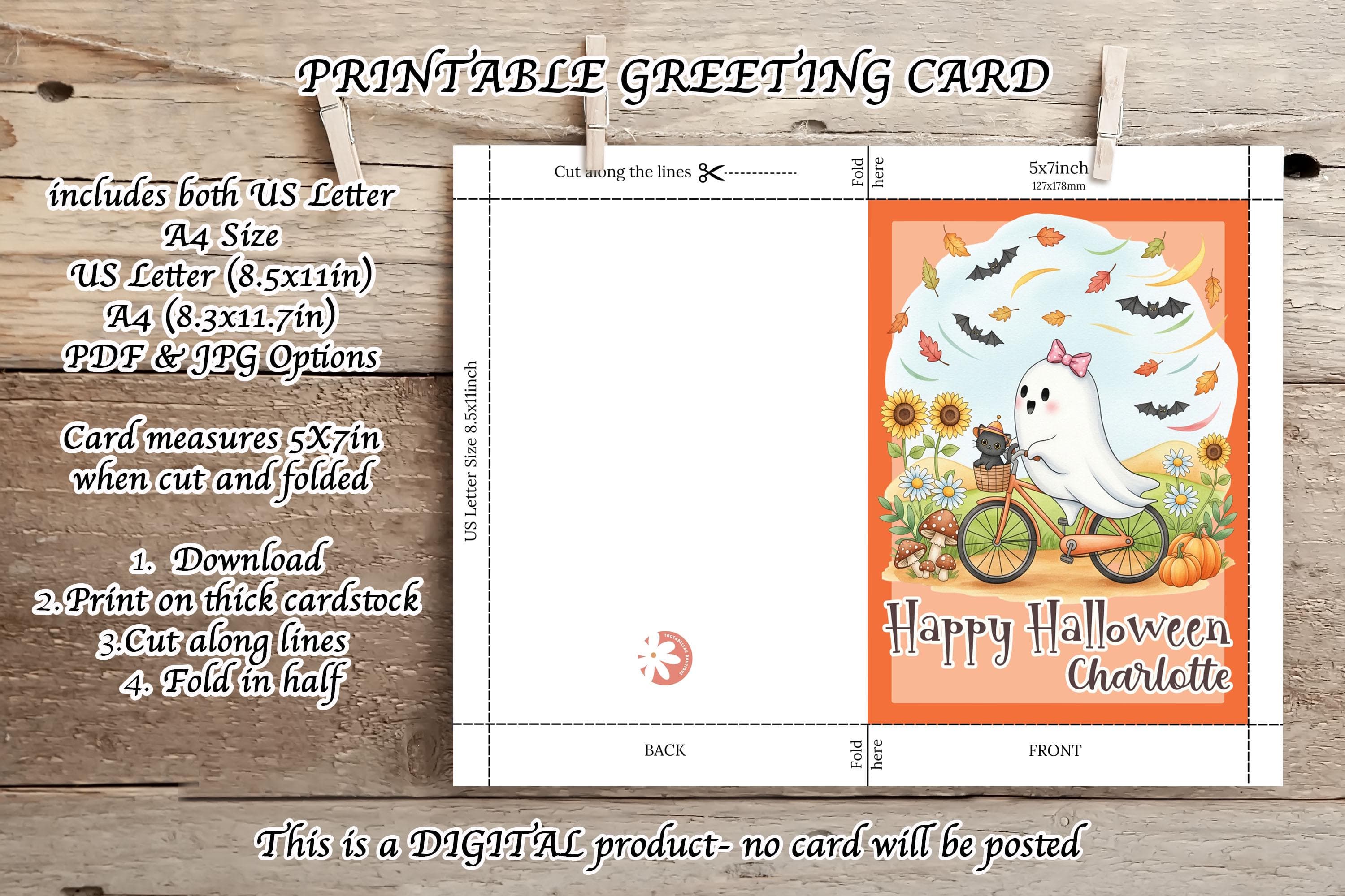 Personalized Halloween Card for Kids: Cat & Ghost Bike Ride (Digital Download 5x7in PDF/JPG) - image 4