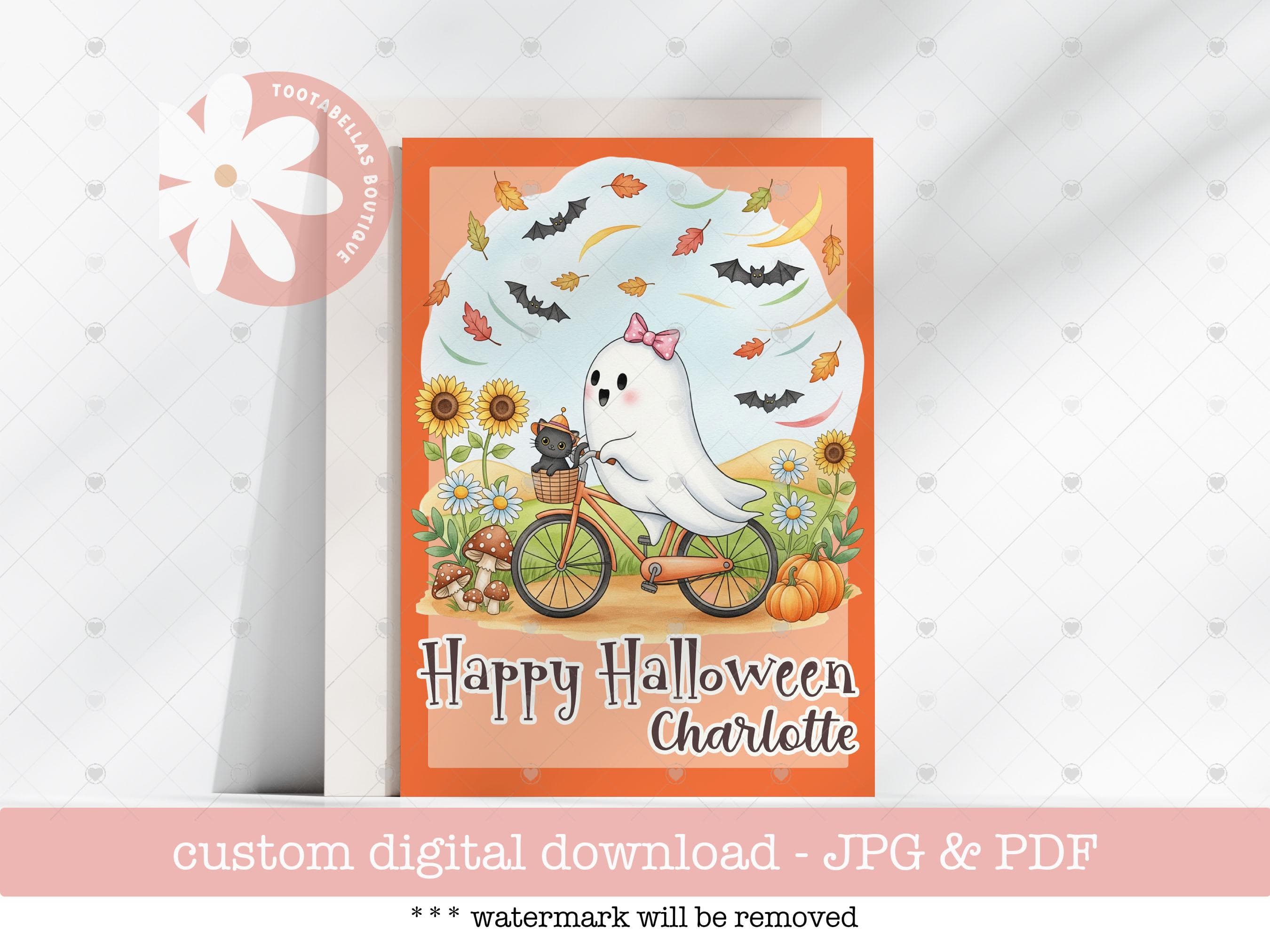 Personalized Halloween Card for Kids: Cat & Ghost Bike Ride (Digital Download 5x7in PDF/JPG)