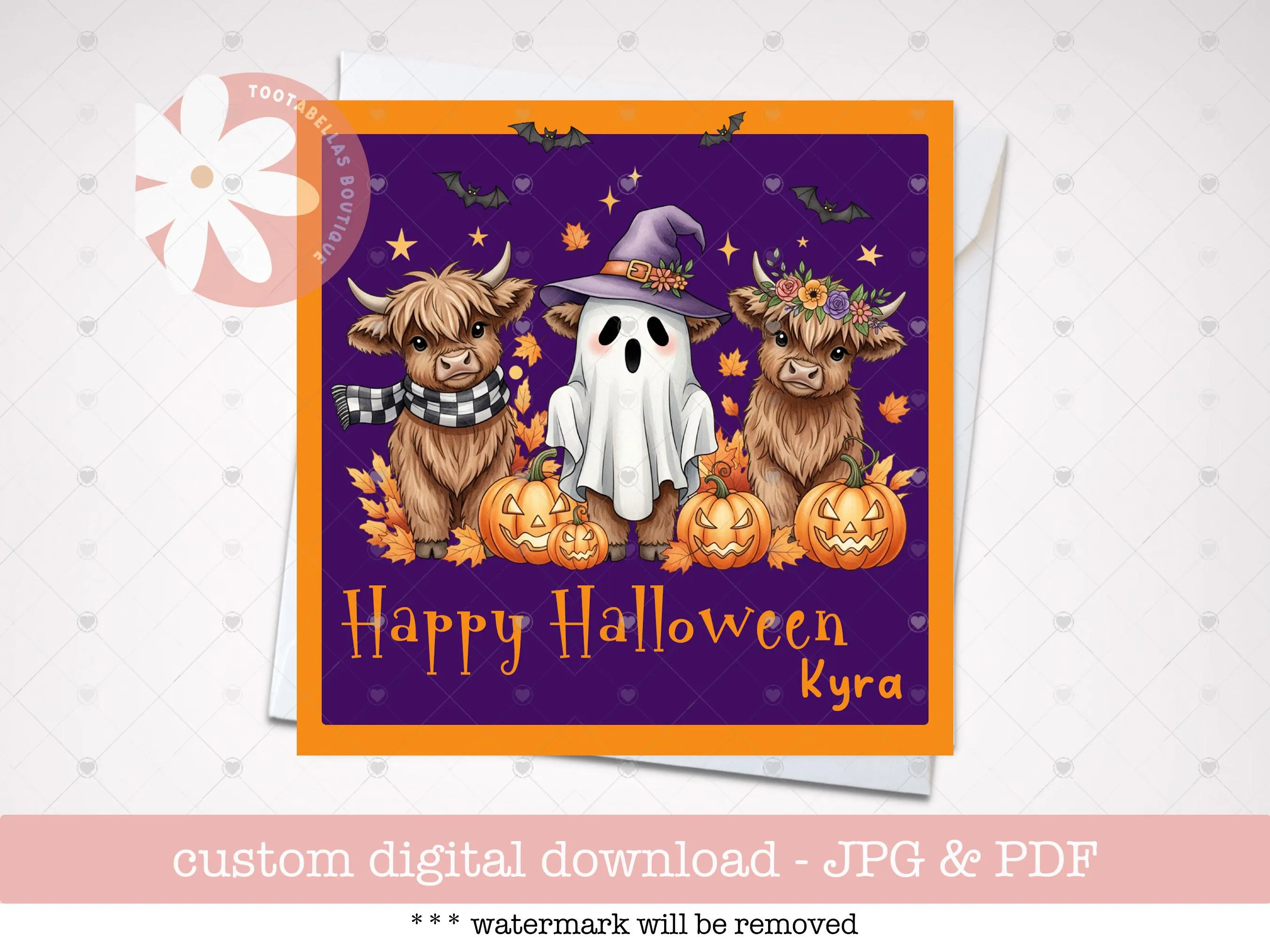 Custom Name Halloween Card for Kids | Cute Highland Cows in Costume | 4.75” Square Printable Halloween Card | Jack-o’-Lanterns and Cow Card