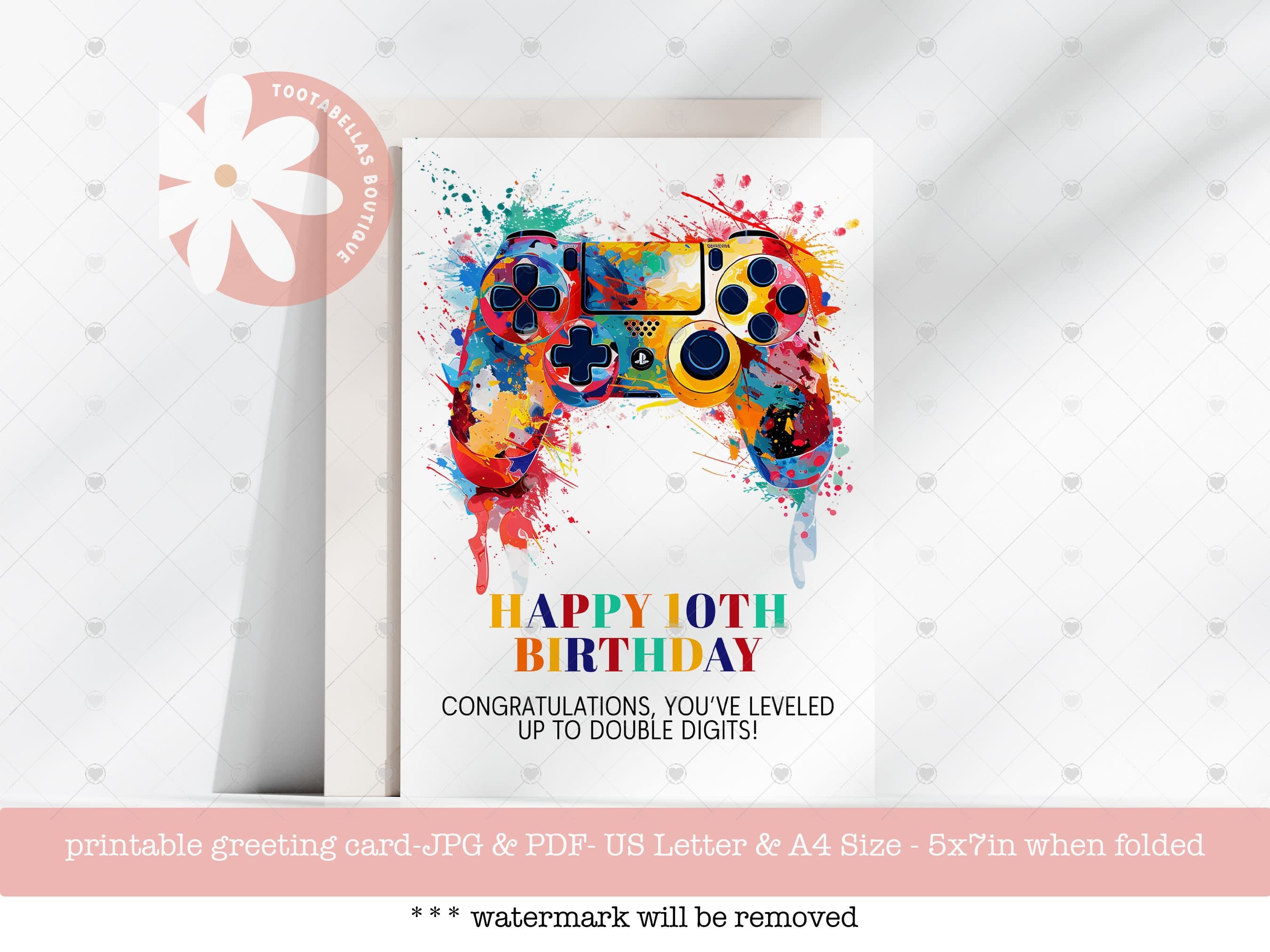 Gamer 10th Birthday Card: Watercolor Controller, Leveled Up (PDF & JPG)