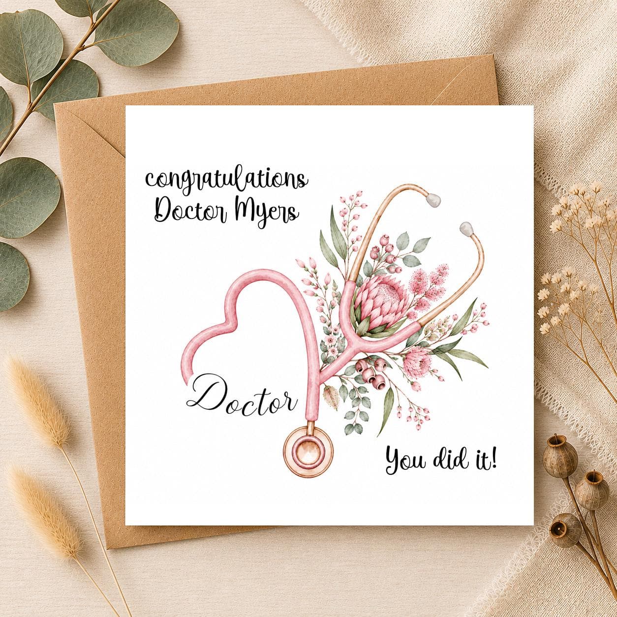Personalised Doctor Graduation Card | Floral Stethoscope Congratulations (Digital Download)