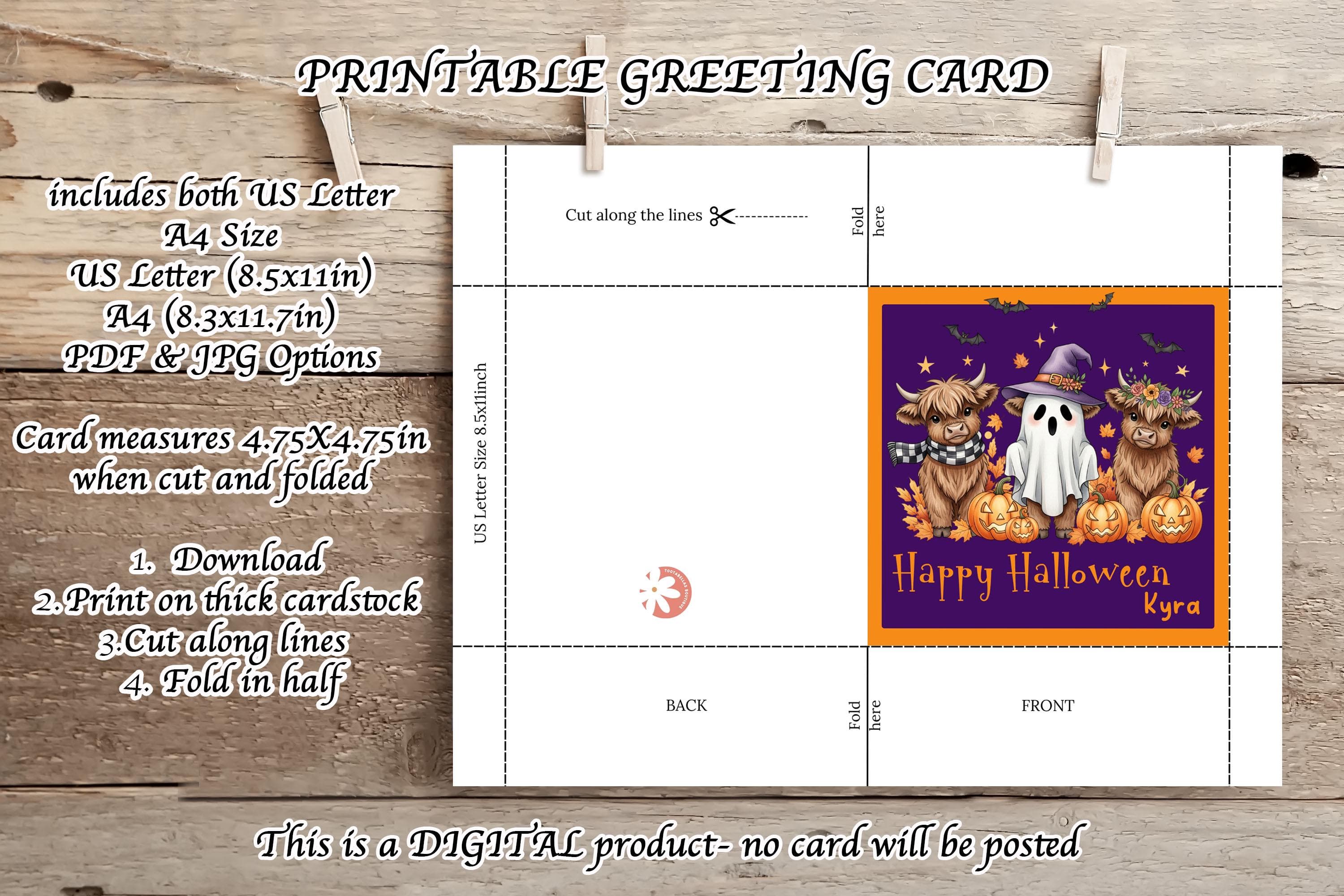 Custom Name Halloween Card for Kids | Cute Highland Cows in Costume | 4.75” Square Printable Halloween Card | Jack-o’-Lanterns and Cow Card - image 3