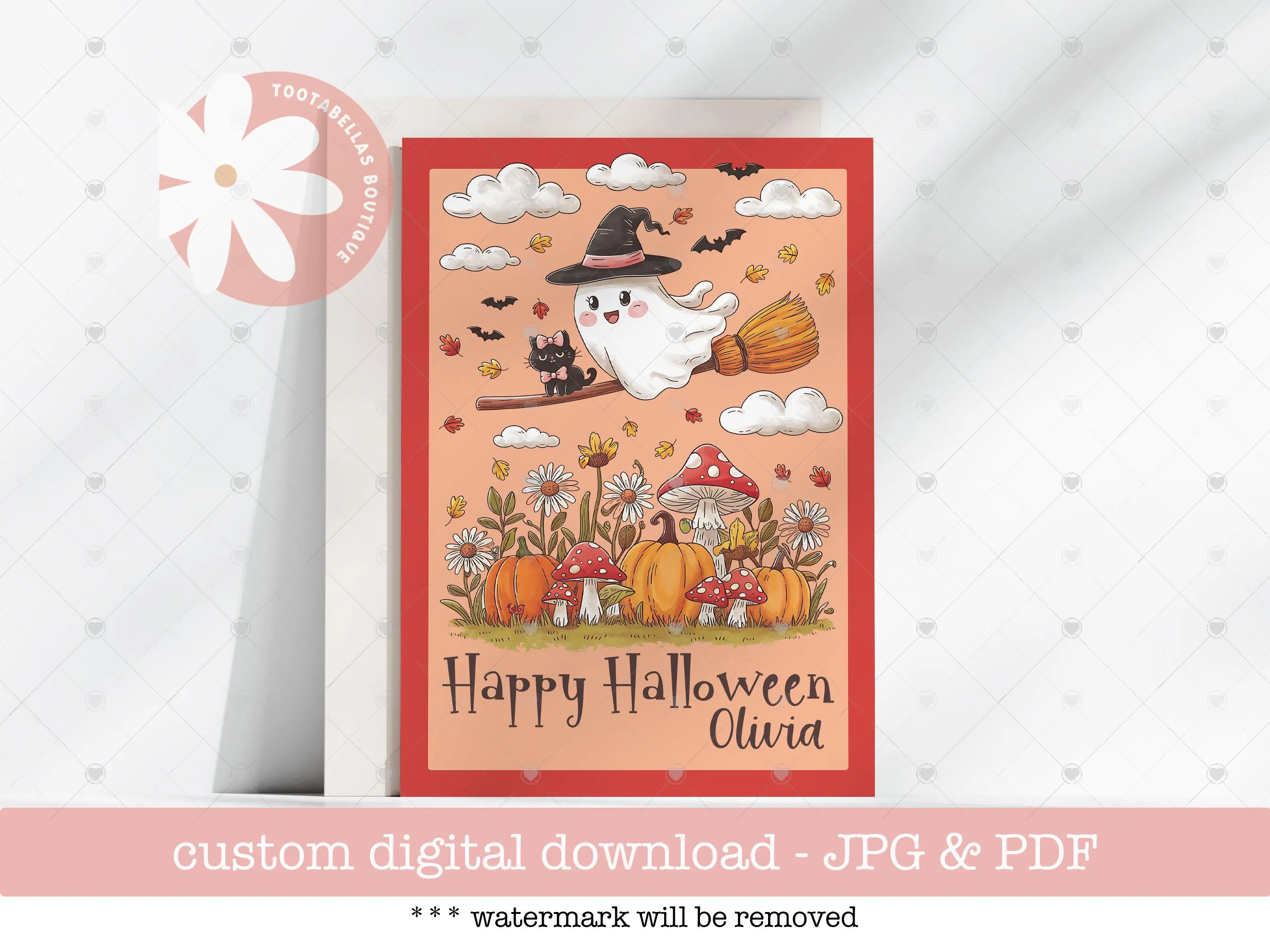 Custom Halloween Card for Kids | Cute Cat & Ghost on Broomstick | 5x7 Printable Greeting | Fall Sunflowers | Happy Halloween with Name Card