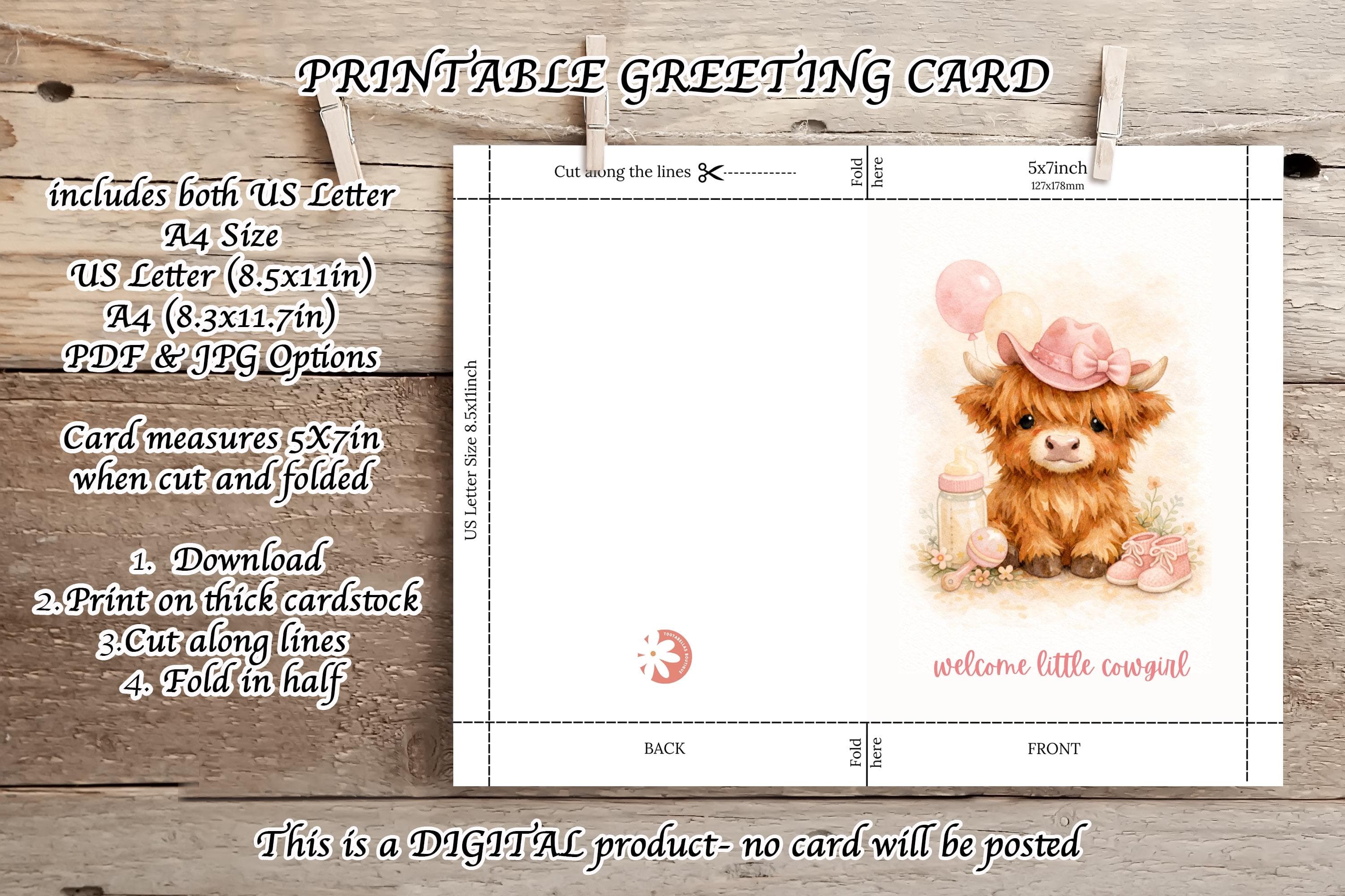 Welcome Little Cowgirl Card Printable, Baby Girl Western Card, Highland Cow Baby Card, New Baby Girl Card, 5x7 Digital Download - image 4