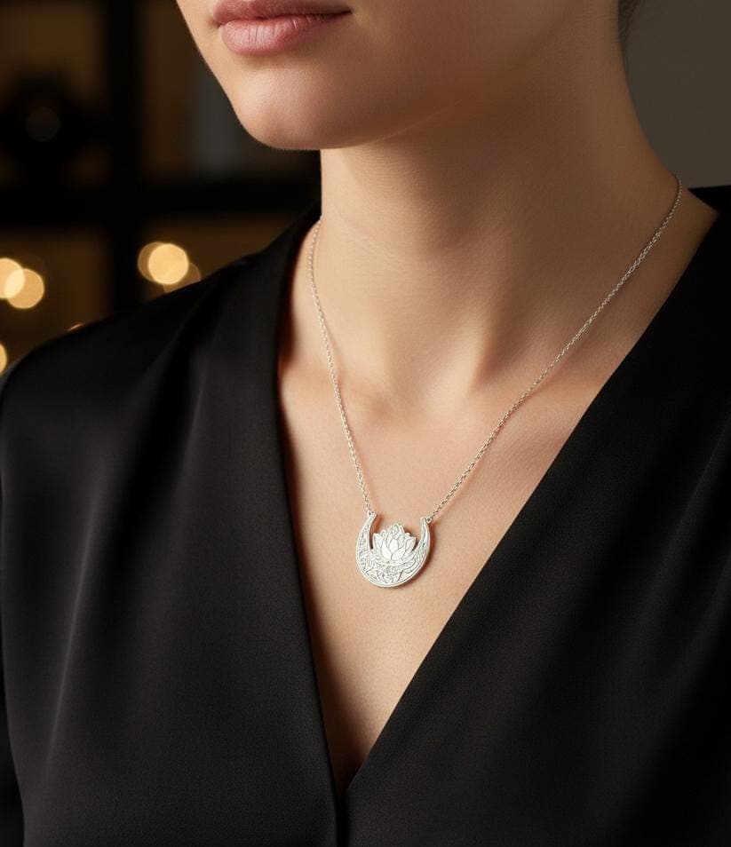 Islamic Crescent Moon Necklace with Lotus Gold Plated 925 Sterling Silver Muslim Ramadan Jewelry - image 3