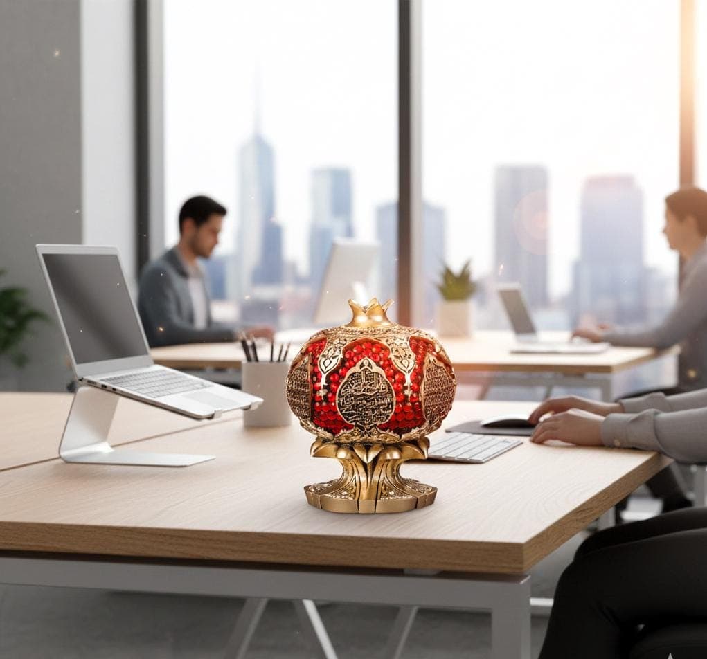 Ayatul Kursi Pomegranate Statue: Gold Islamic Table Decor with Swarovski Crystals