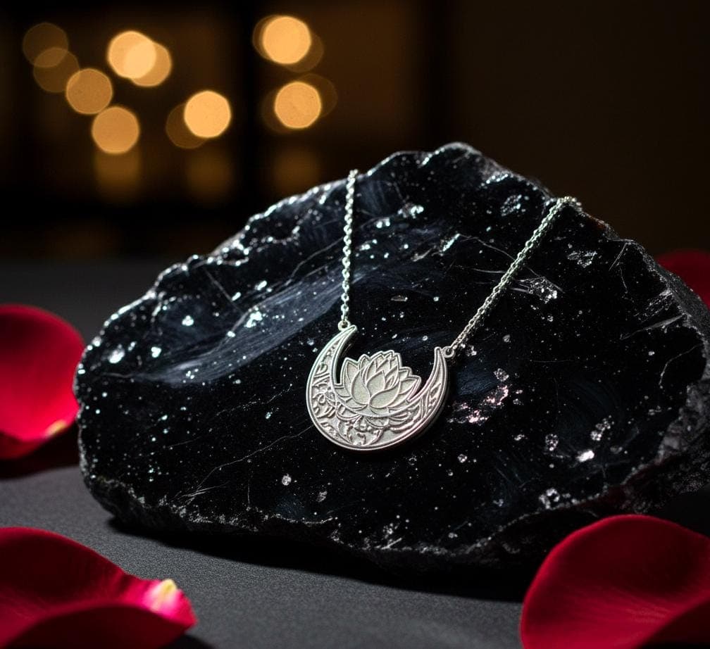 Islamic Crescent Moon Necklace with Lotus Gold Plated 925 Sterling Silver Muslim Ramadan Jewelry
