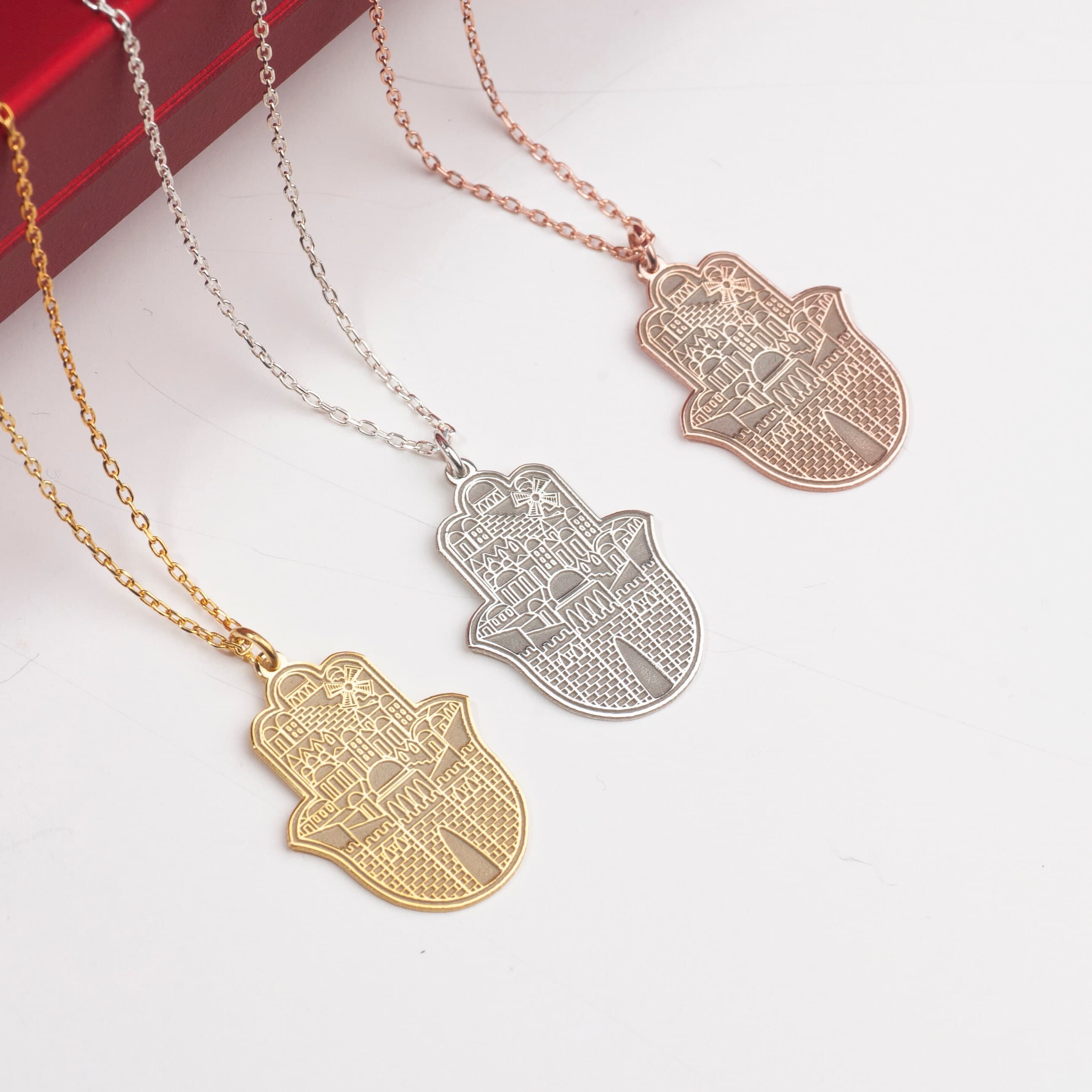 Hamsa Necklace: 24K Gold-Plated Fatima's Hand, Jerusalem Design - image 3