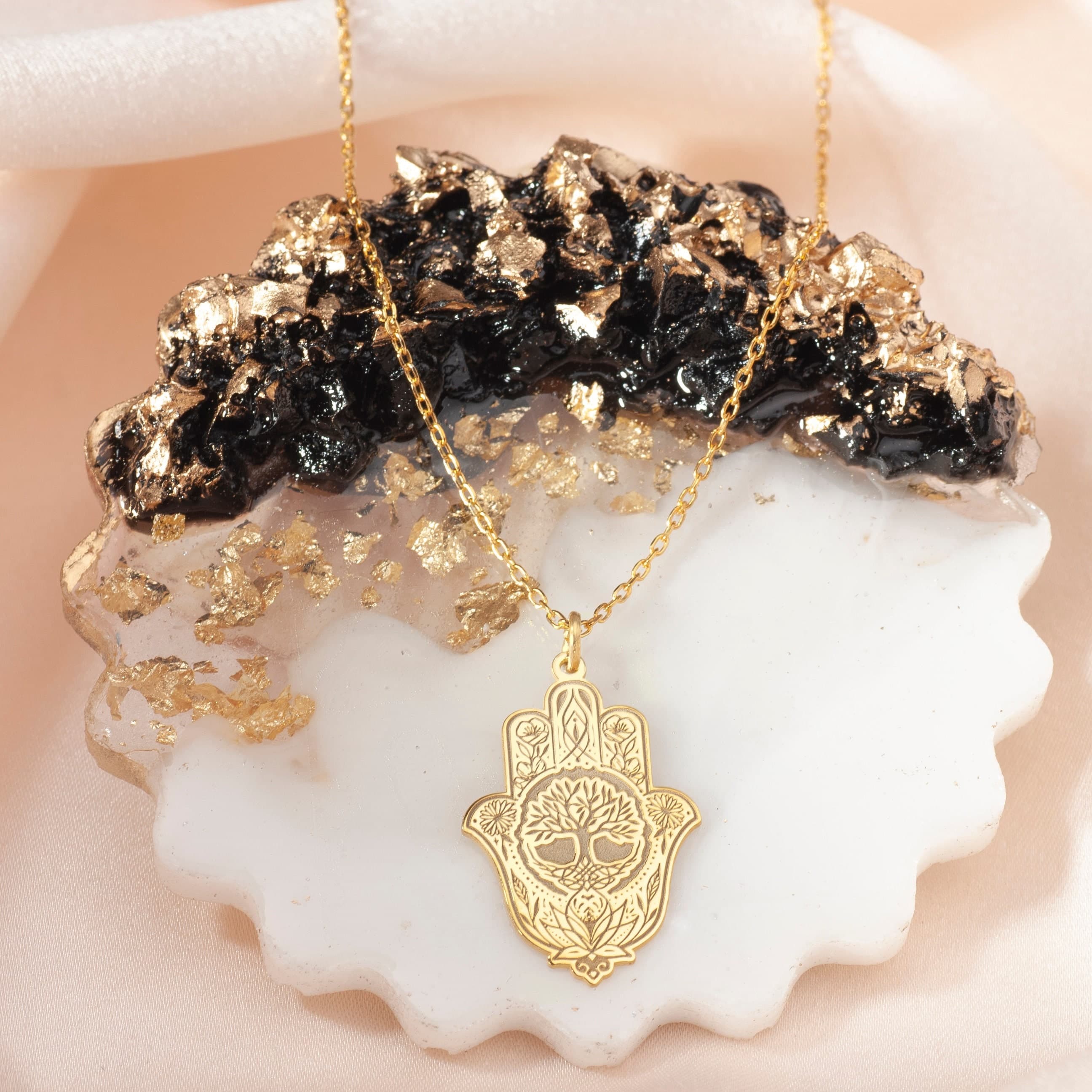 Hamsa Tree of Life Necklace: 24K Gold & Rose Plated Silver Evil Eye Pendant - image 3