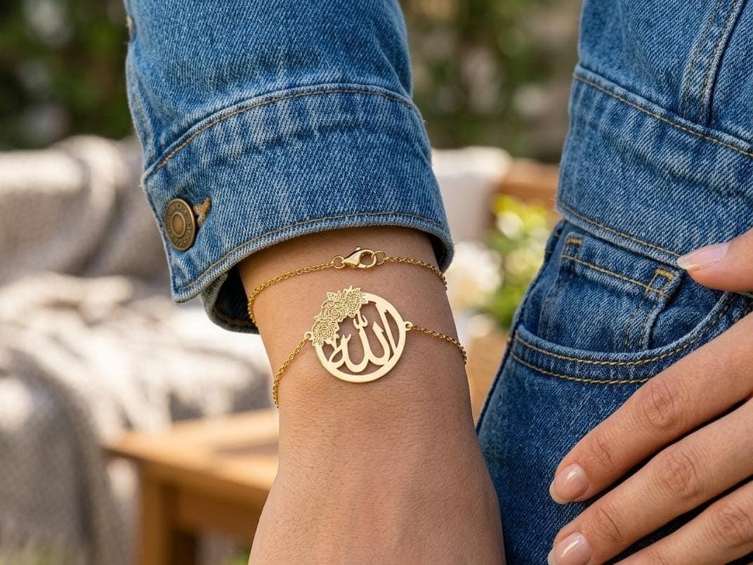 Sterling Silver Allah Bracelet with Rose Detail – Arabic Calligraphy Religious Jewelry - image 4
