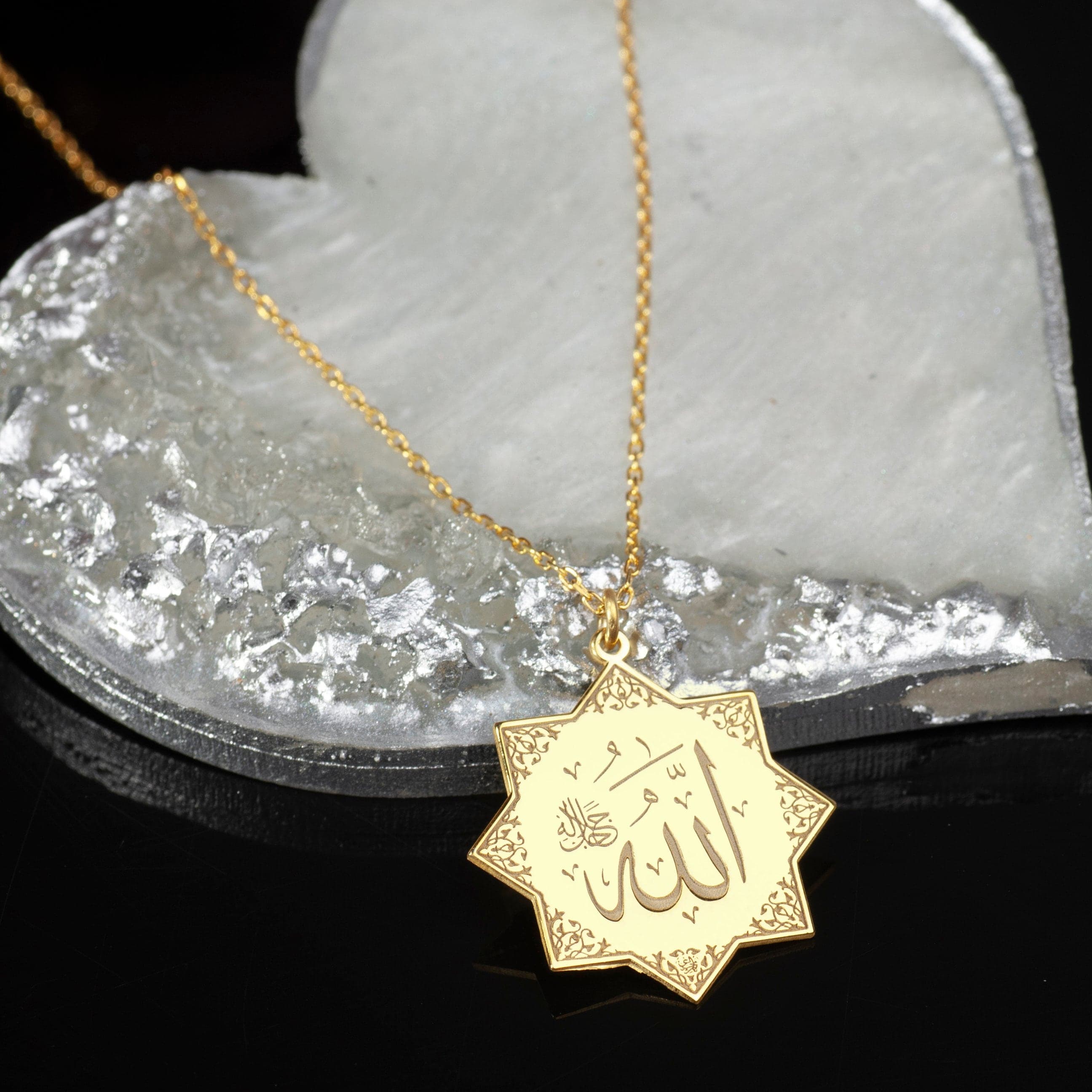 24K Gold Allah Necklace: Islamic Sterling Silver Star Pendant