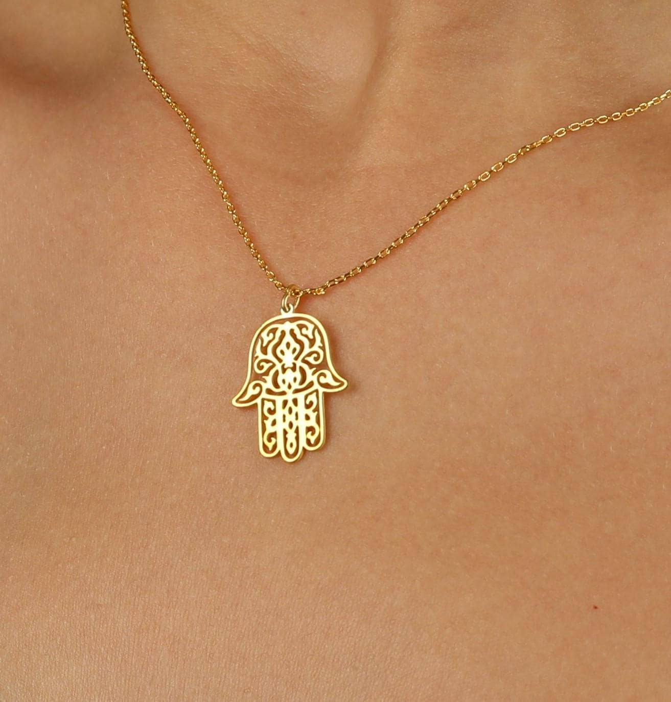 24K Gold Hamsa Necklace: Sterling Silver Fatima Hand Pendant