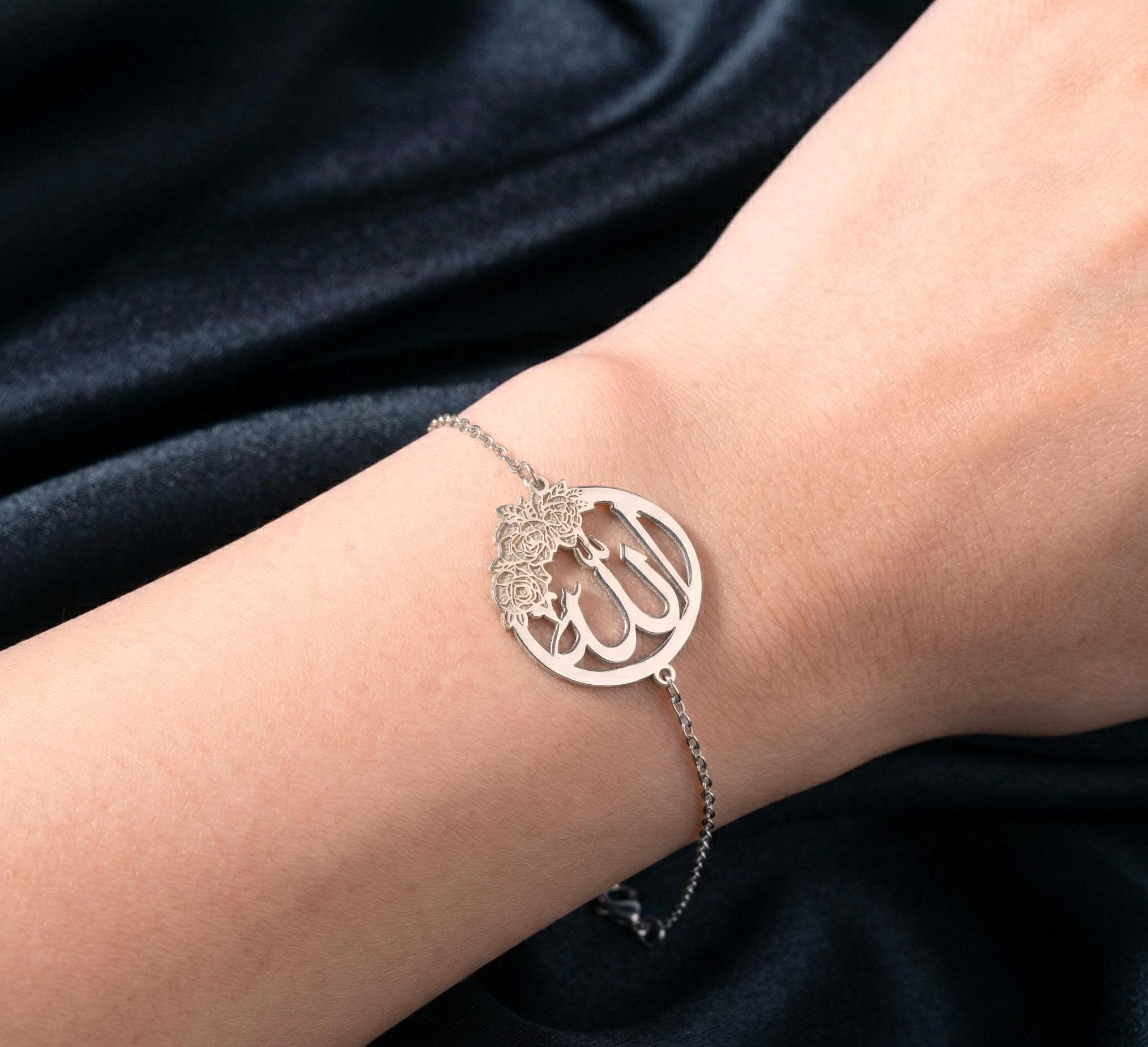 Sterling Silver Allah Bracelet with Rose Detail – Arabic Calligraphy Religious Jewelry - image 2