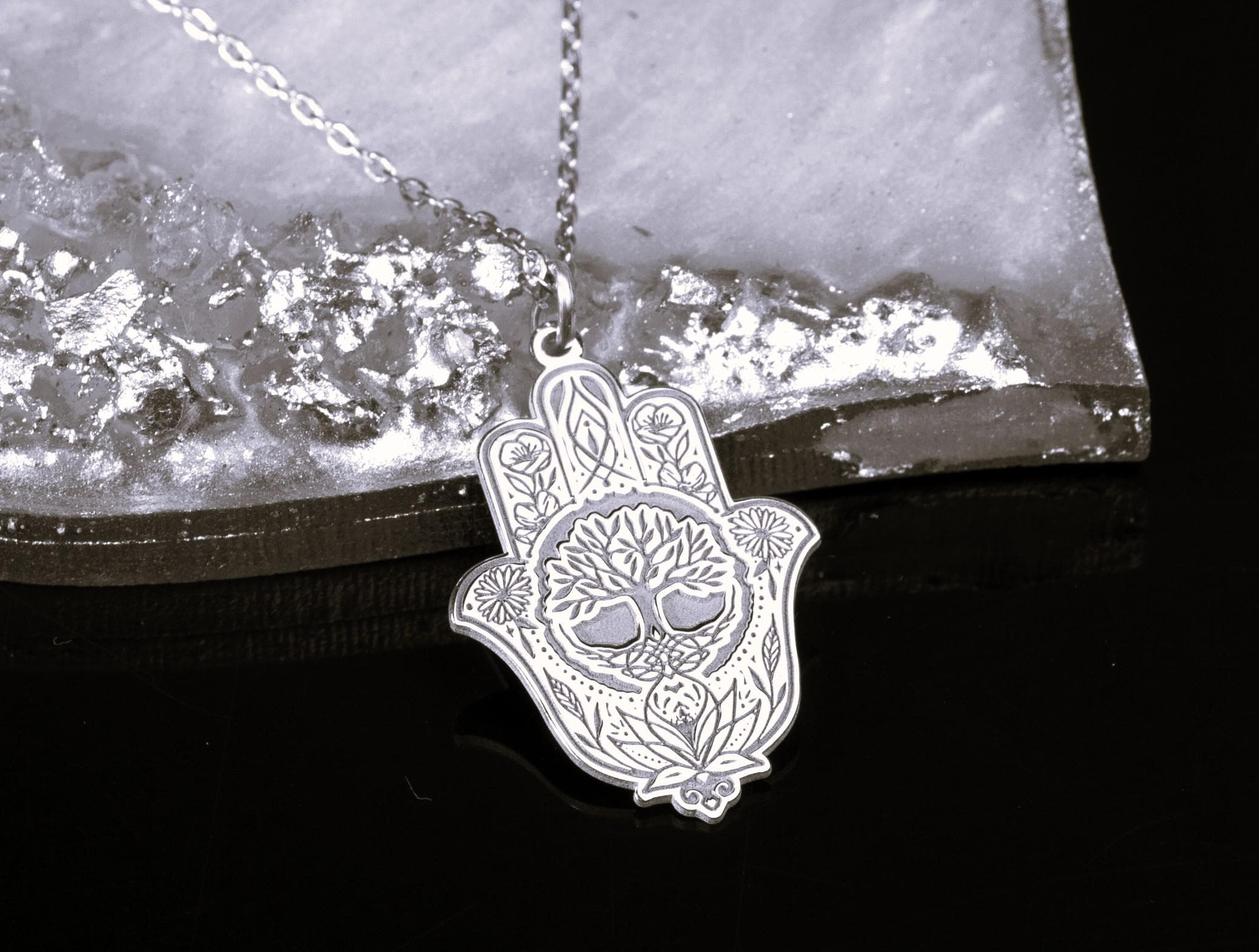 Hamsa Tree of Life Necklace: 24K Gold & Rose Plated Silver Evil Eye Pendant - image 5