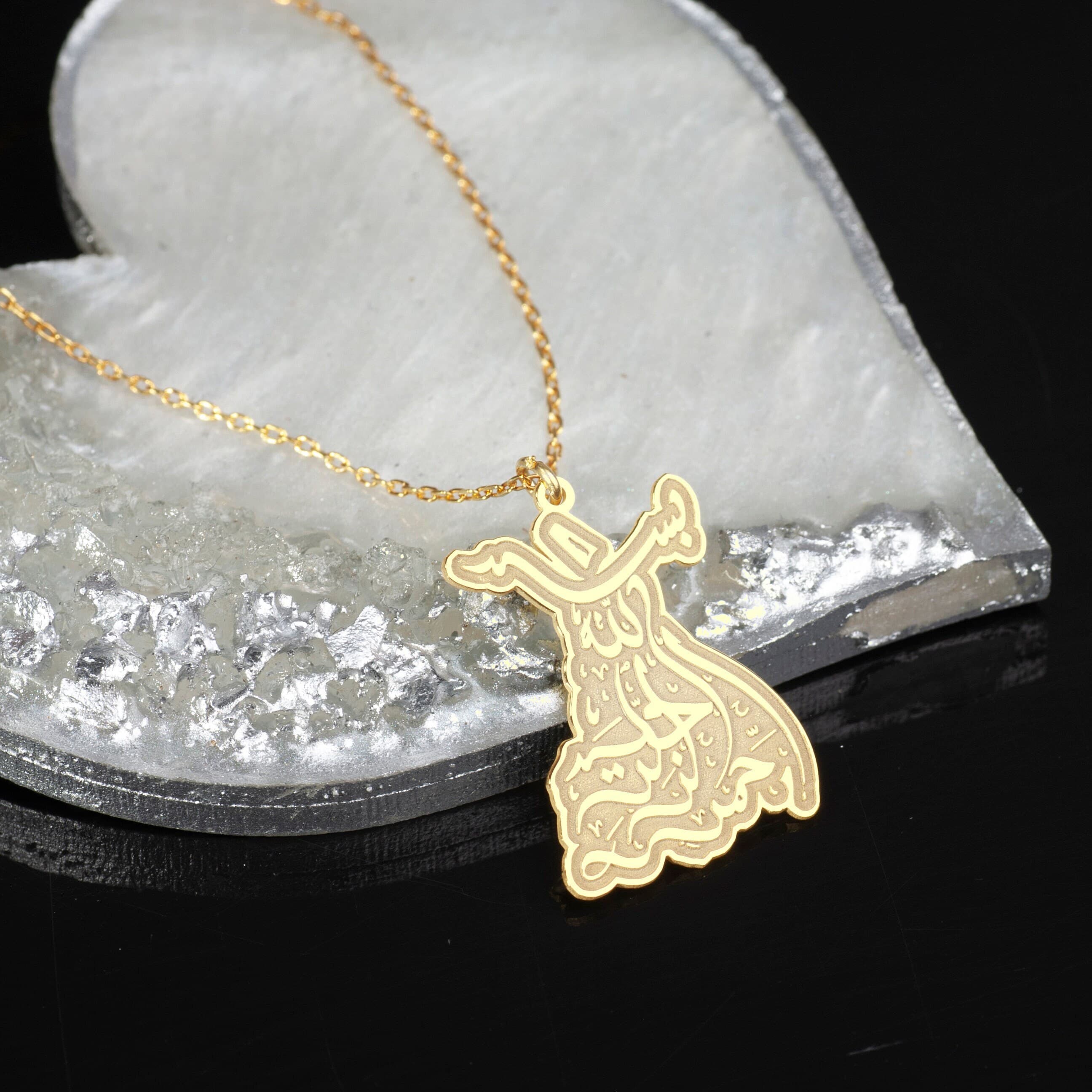 Basmala Whirling Dervish Necklace: 24K Gold, Sterling Silver Sufi Pendant