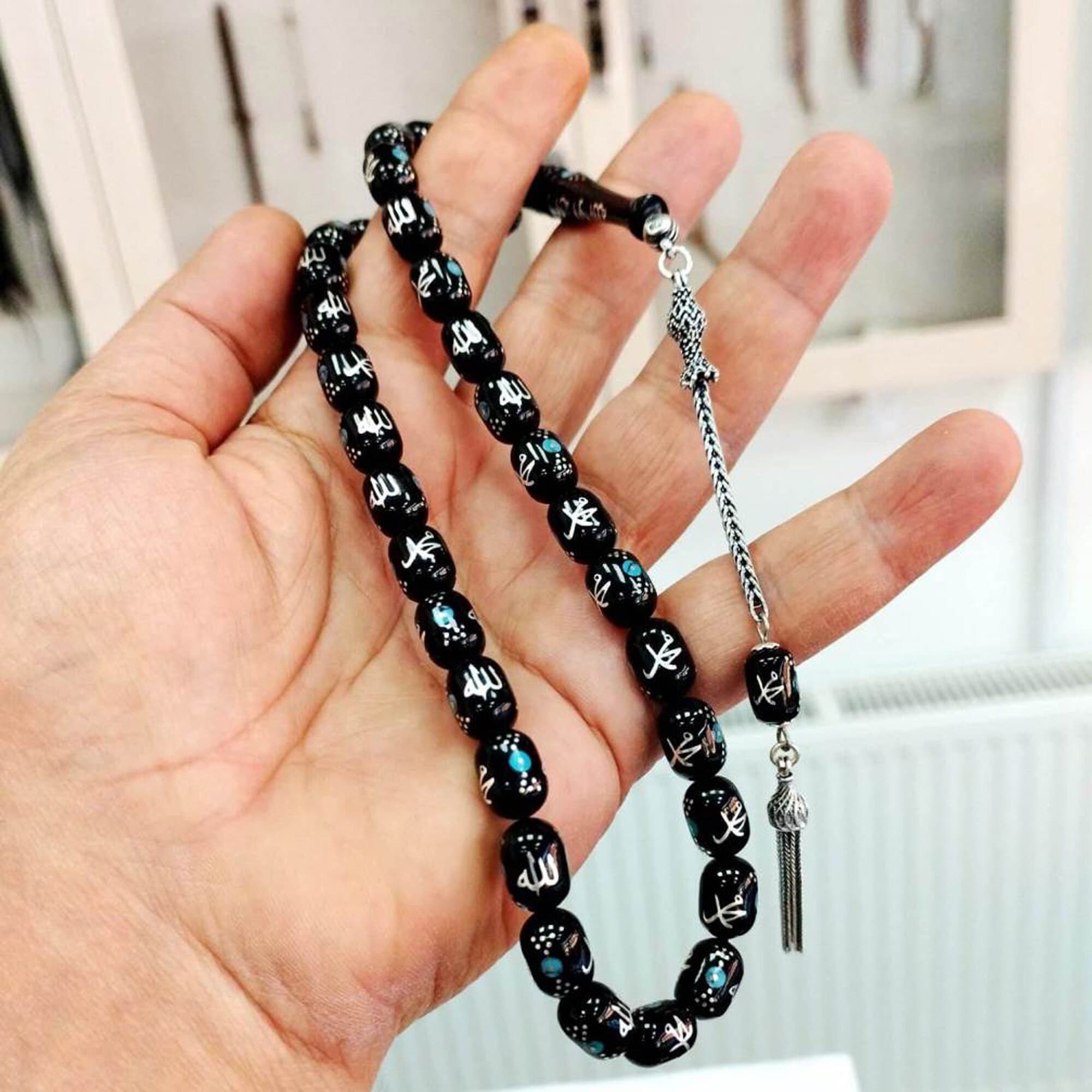 Allah Muhammad Sterling Silver Jetstone Tasbeeh: Turquoise Islamic Rosary - Dhikr Misbaha - Gift for Muslim - image 3