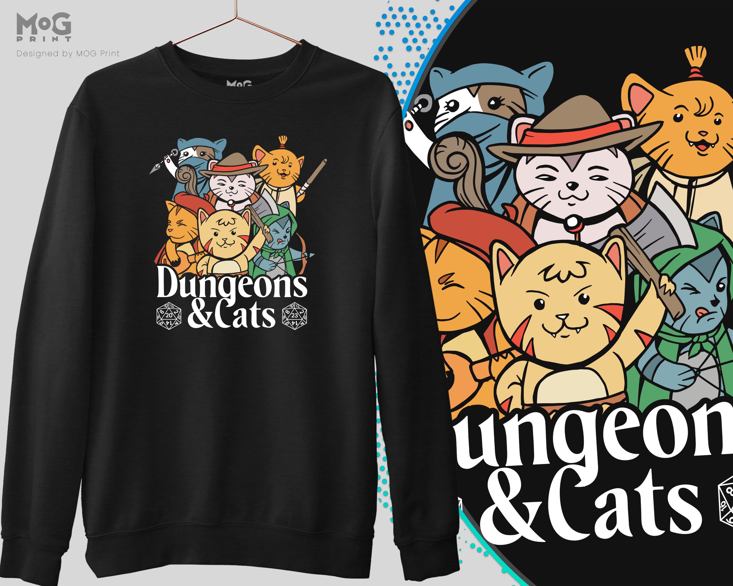 Dungeons and Cats Long Sleeve DnD D&D Gaming Geek Gift Idea Kitten Sweatshirt, Fantasy Roleplaying Gamers Gift Sweater