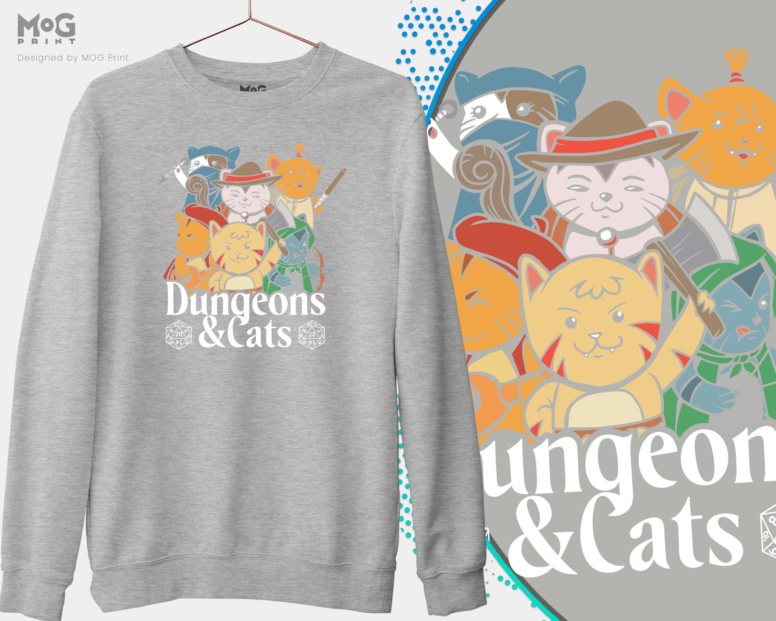 Dungeons and Cats Long Sleeve DnD D&D Gaming Geek Gift Idea Kitten Sweatshirt, Fantasy Roleplaying Gamers Gift Sweater - image 3