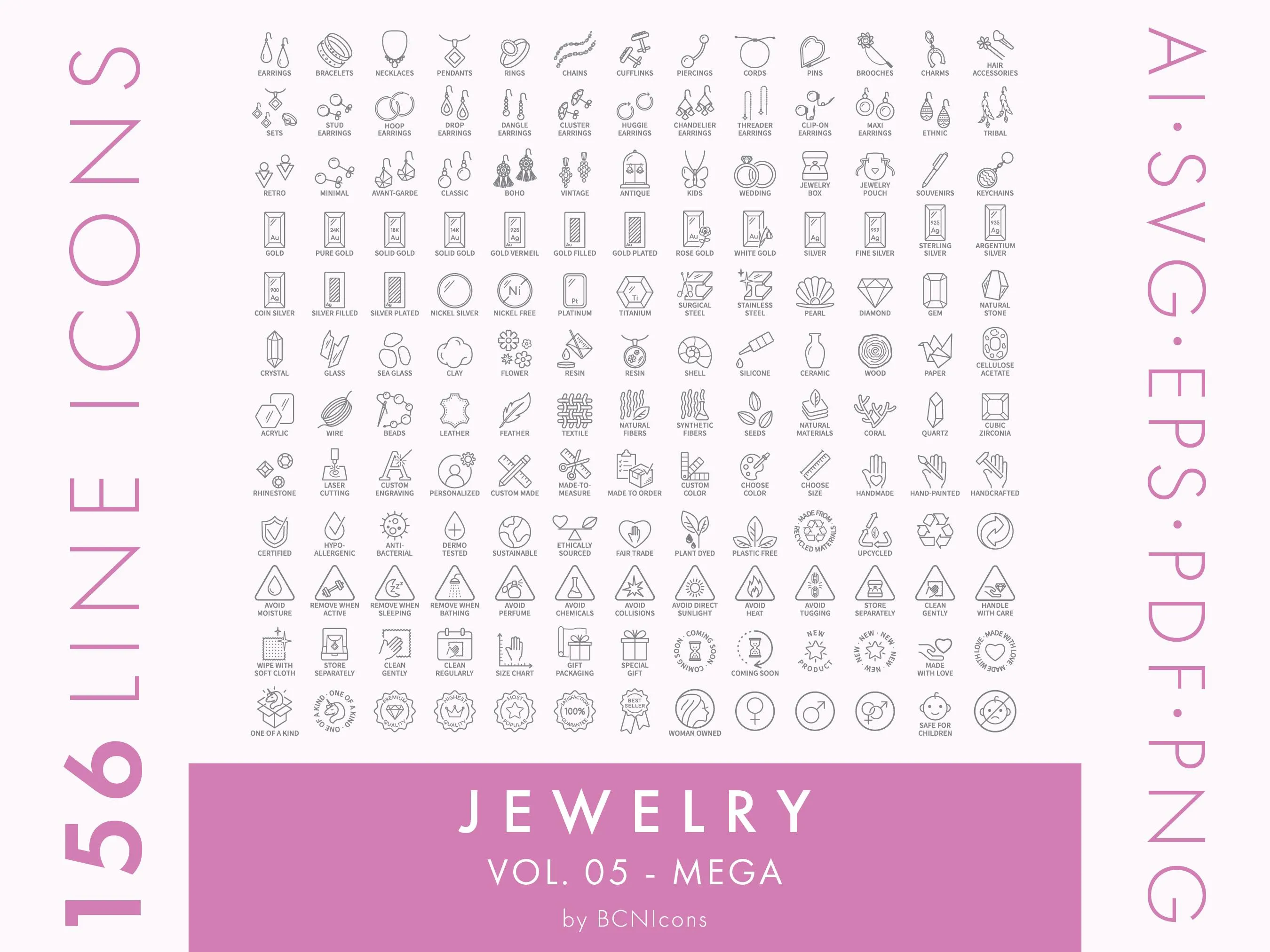 Jewelry Line Icons Vol. 05 MEGA PACK svg, Minimalist Jewellery Clipart, Bijouterie Accessories Material Product Symbol Vector Icons