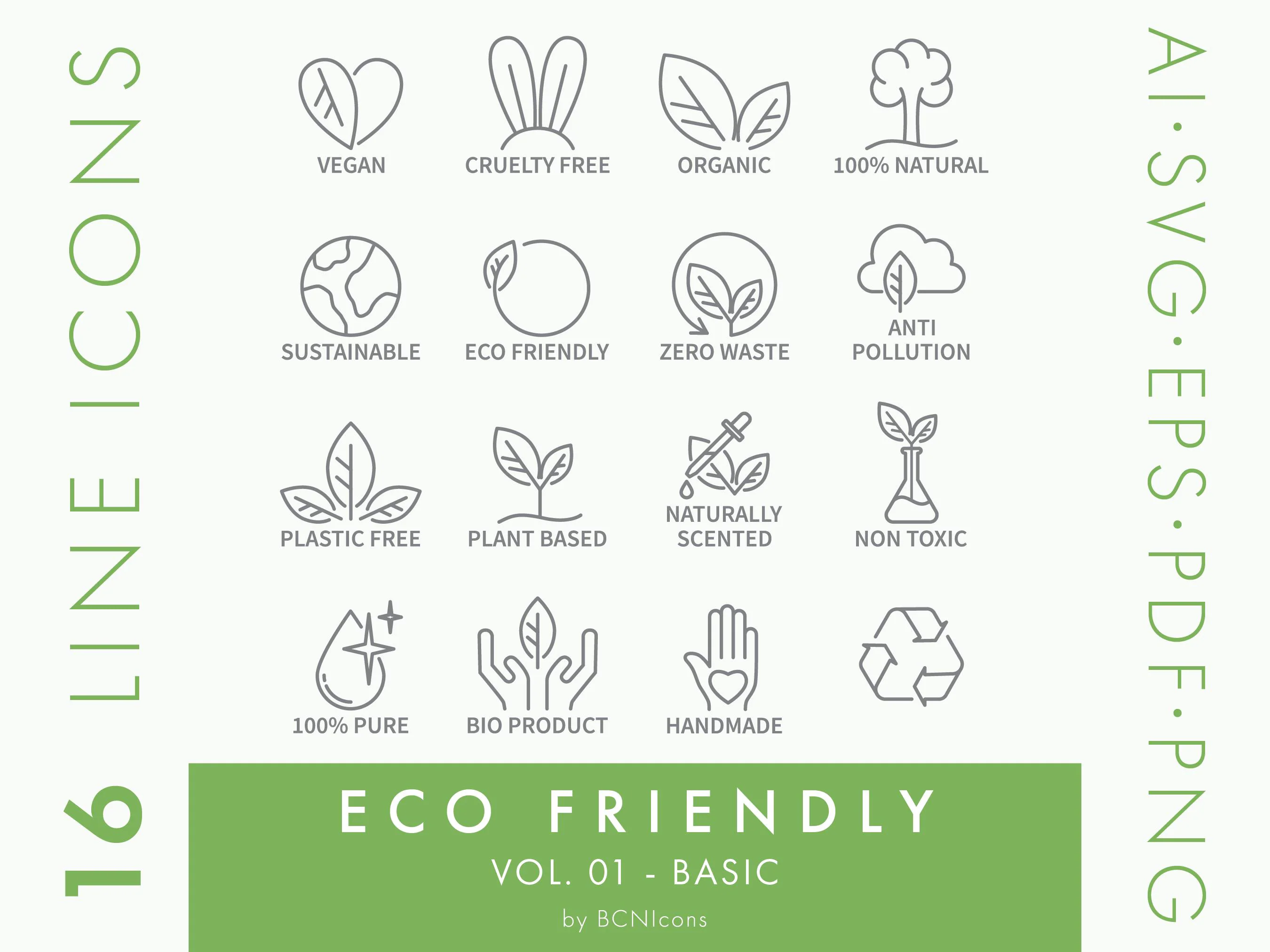 Eco Friendly Line Icons Vol. 01 BASIC PACK svg, Minimalist Green Packaging Clip Art png, Sustainable Natural Product Symbol Vector Icons