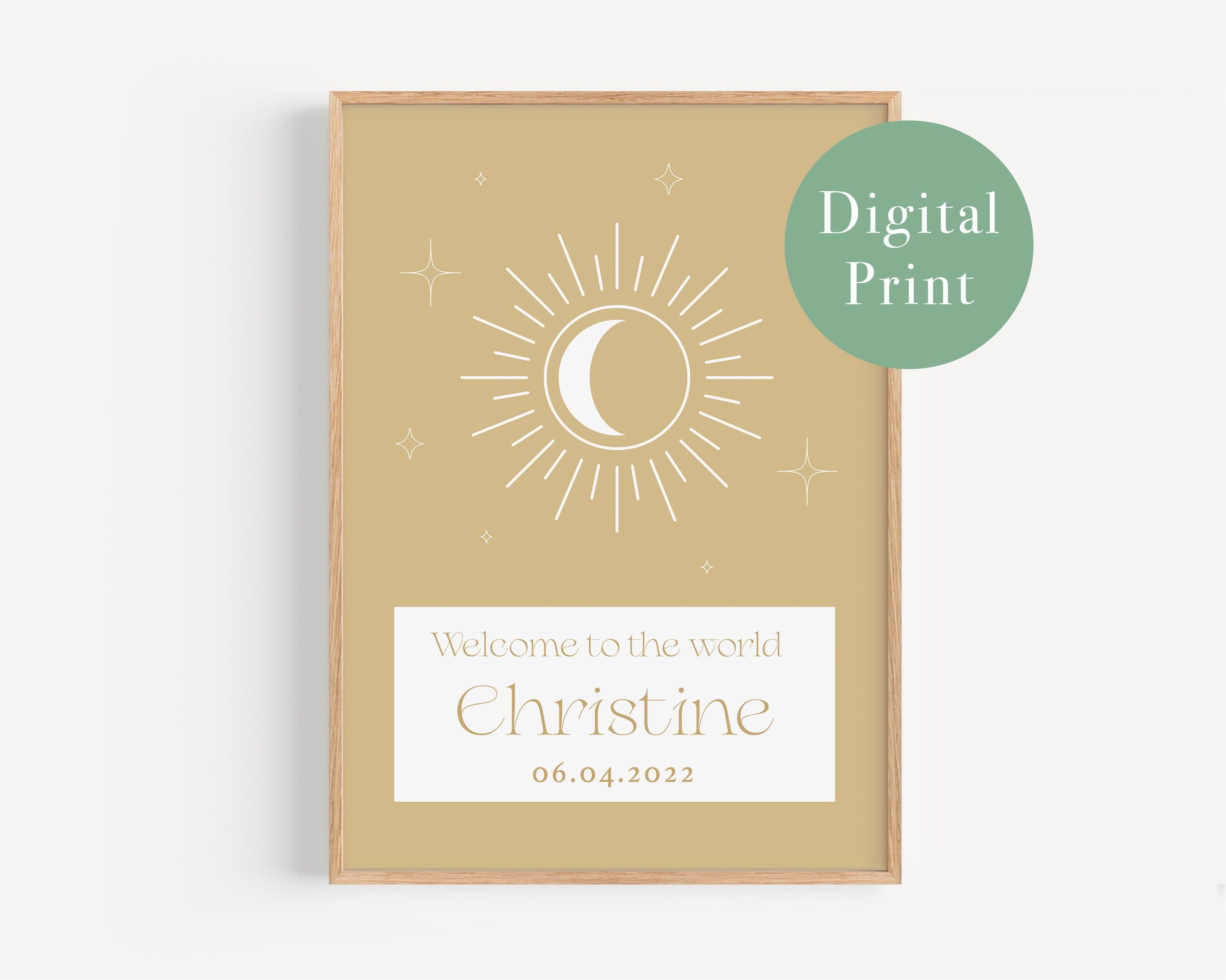 Custom Baby Name Digital Print - Yellow Gold Stars and Moon - Printable Nursery Wall Art- Unisex Decor - Personalized Bohemian