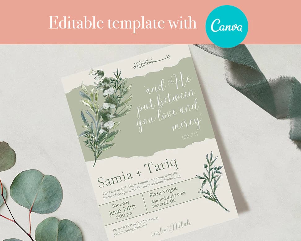 Editable Nikkah Wedding Islamic Quote Invitation - Foliage Design Printable Template -  Editable with Canva - Muslim Engagement - Nikkah