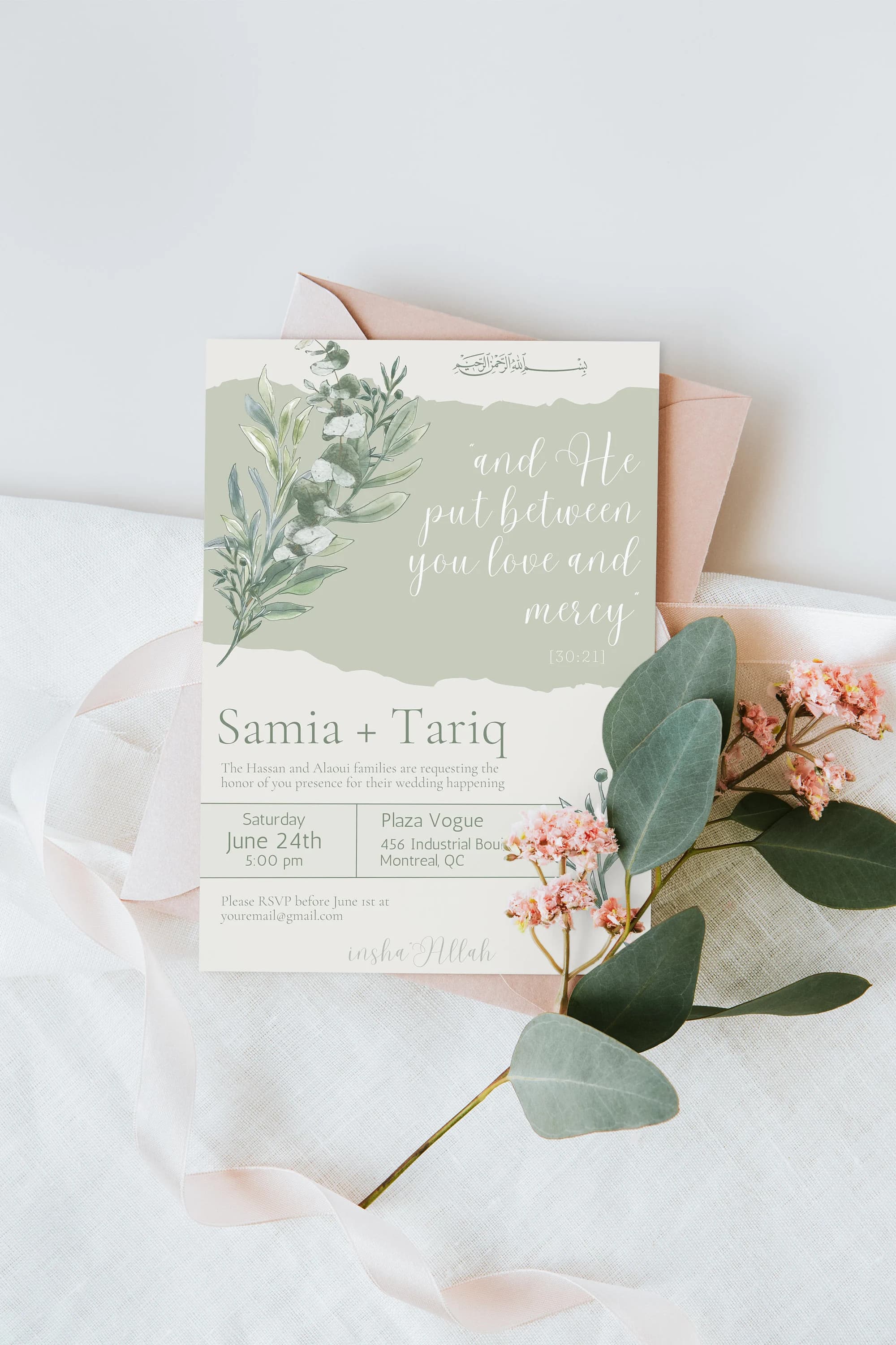 Editable Nikkah Wedding Islamic Quote Invitation - Foliage Design Printable Template -  Editable with Canva - Muslim Engagement - Nikkah - image 4