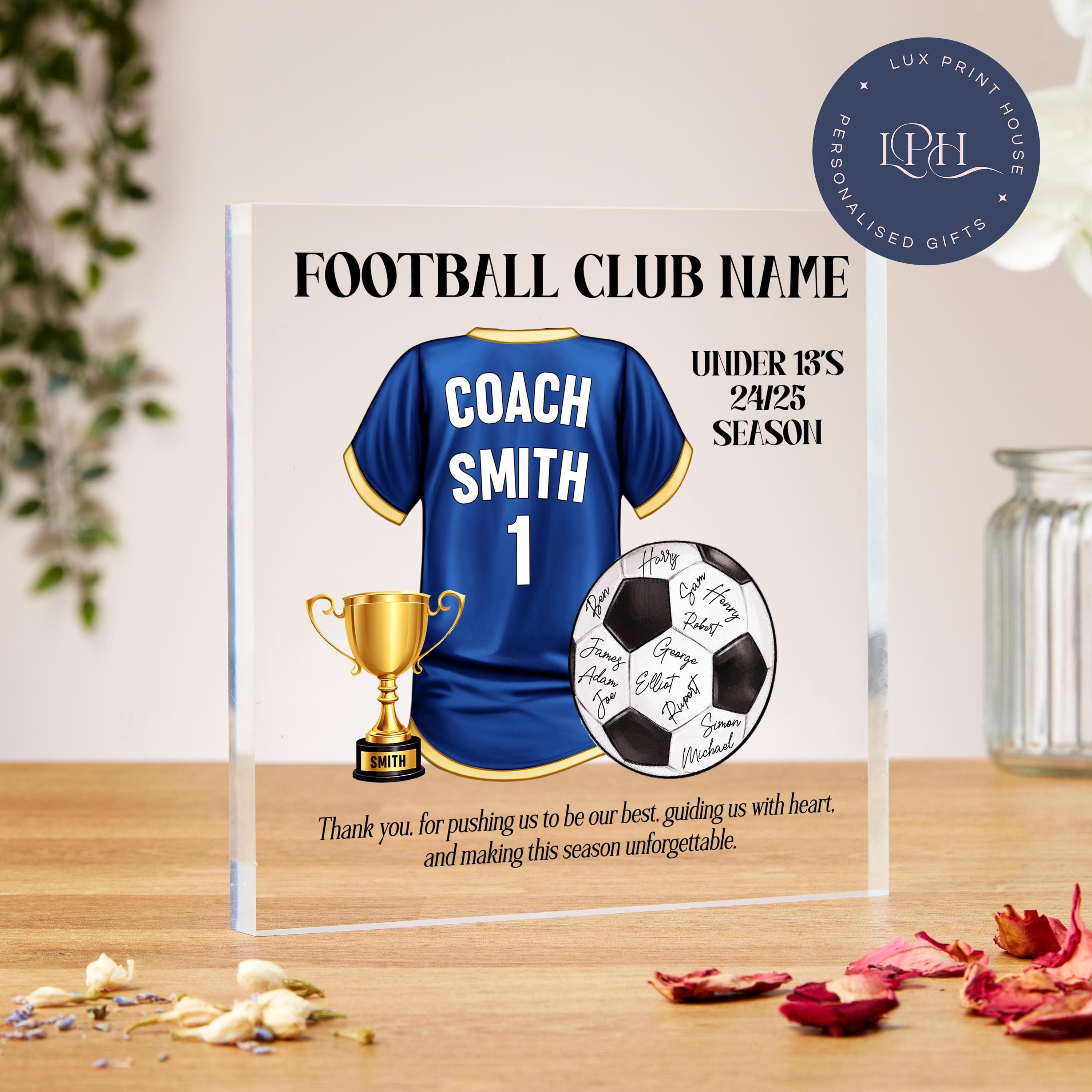 Football team gifts, acrylic block, sports team, football manager gift, thank you coach, football shirt, end of season, coach appreciation