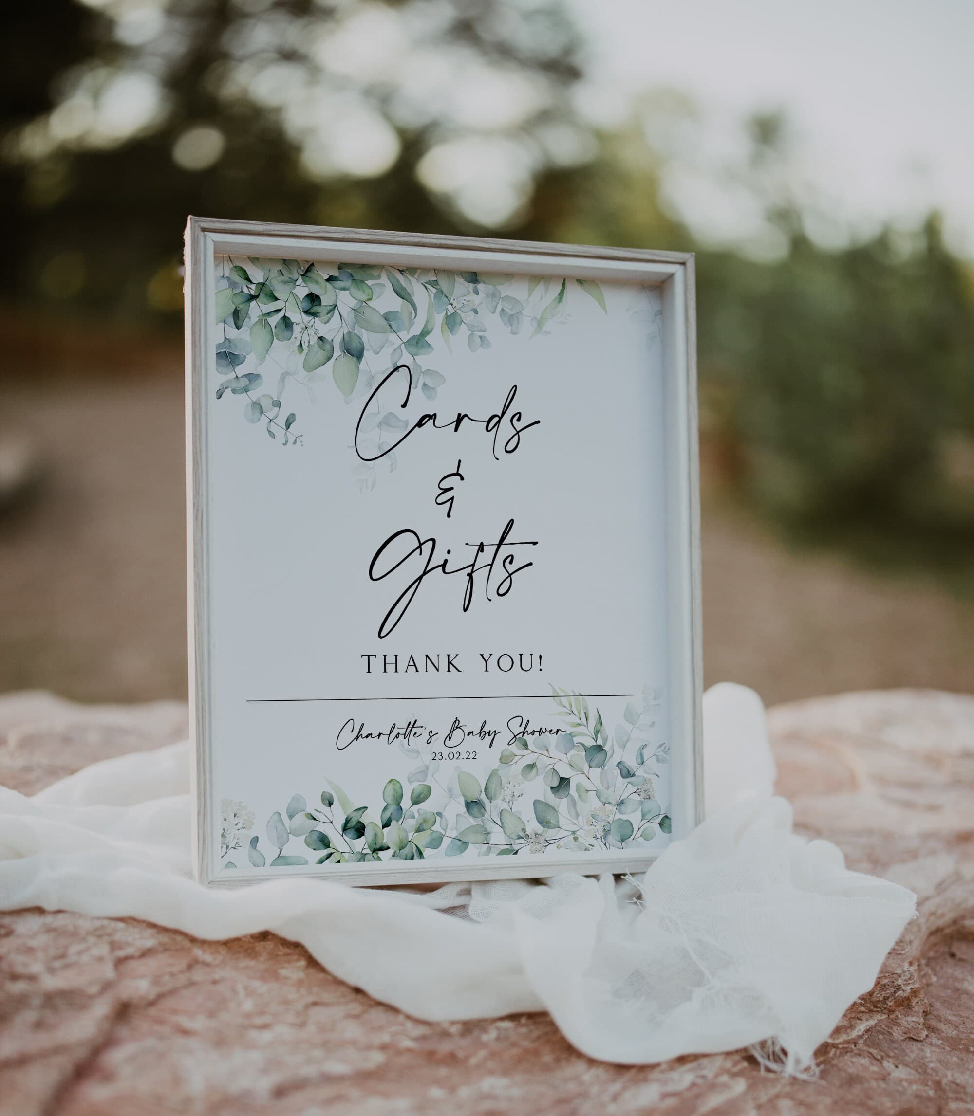 PERSONALISED baby shower cards and gifts sign, baby shower present table sign, thank you sign, eucalyptus, baby shower gift sign, greenery
