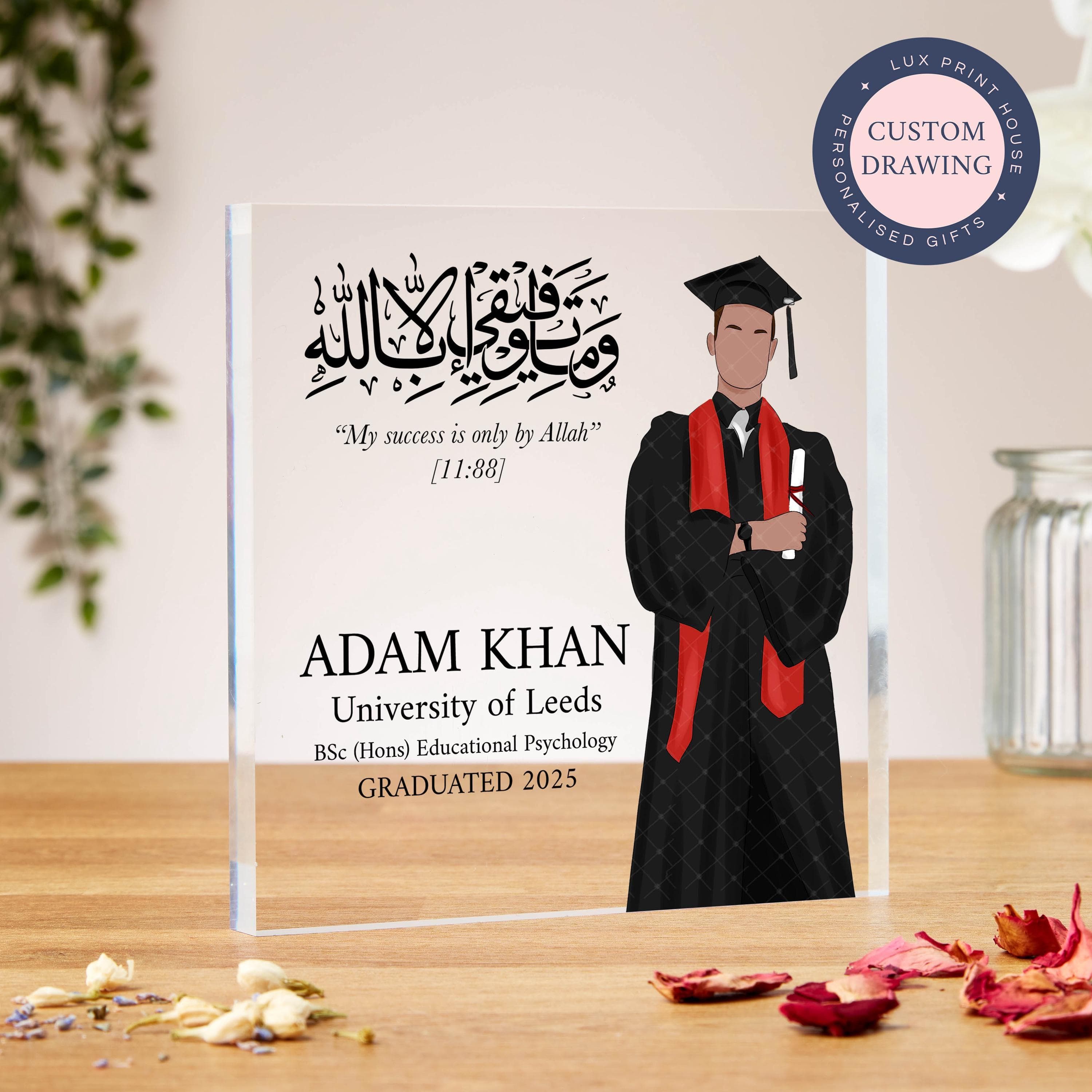 Muslim graduation gifts, faceless portrait, personalised graduation acrylic block, son, brother, nephew, him, custom illustration, drawing