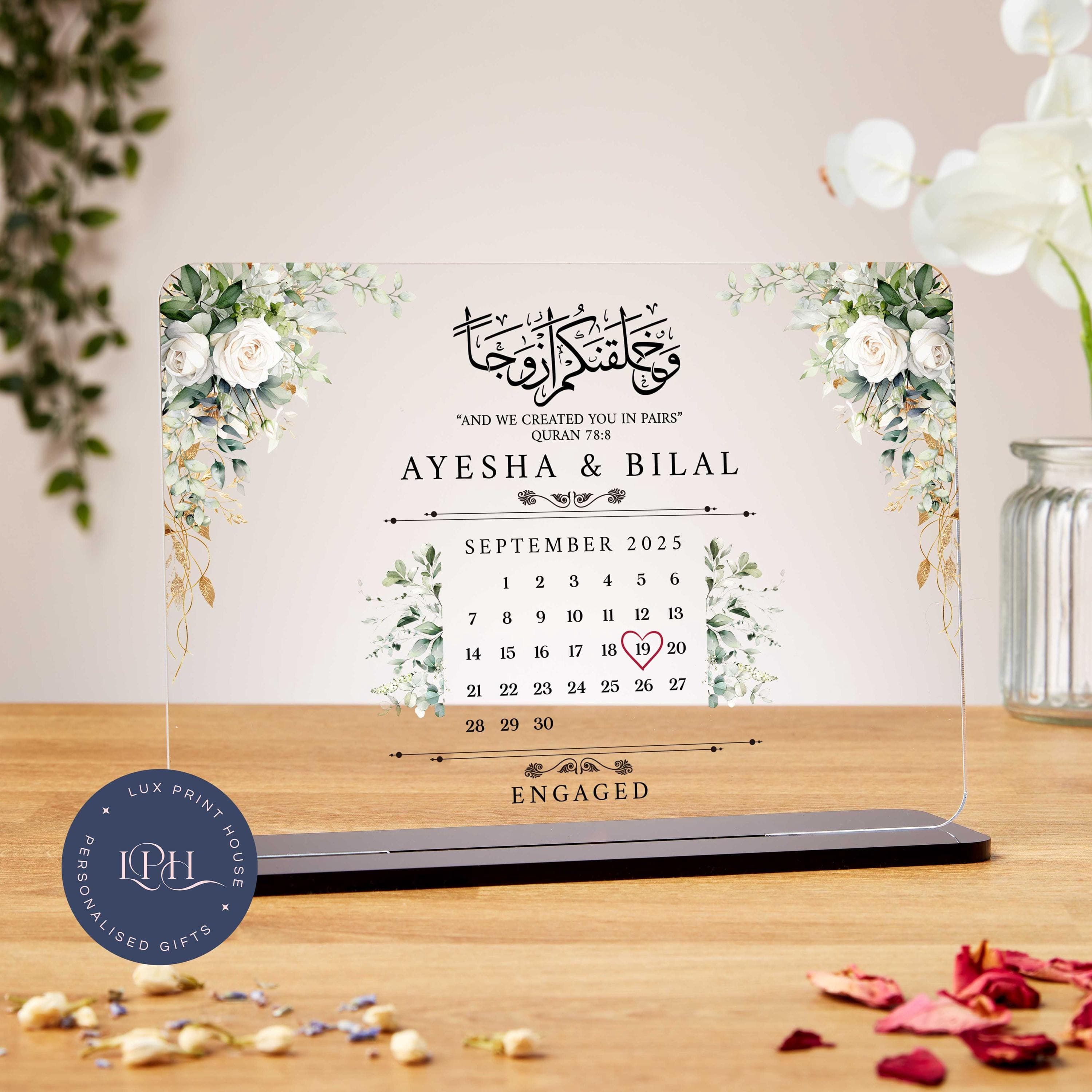 Personalised Islamic Wedding Acrylic Plaque: Engagement Calendar Gift