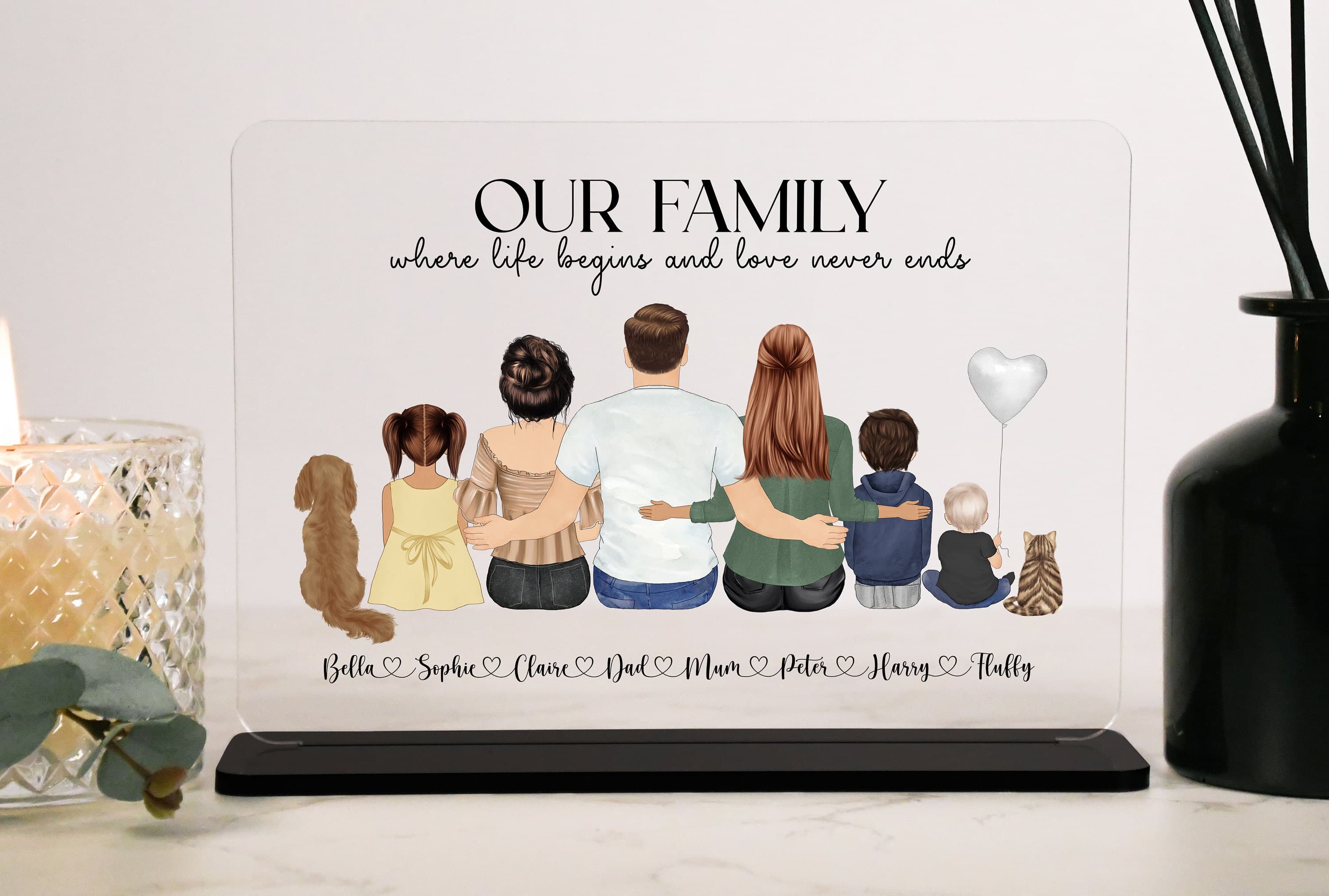 Personalised family acrylic plaque, family print with dog, gift for mum birthday, fathers day gifts, gift for mum, home gifts, grandma gift