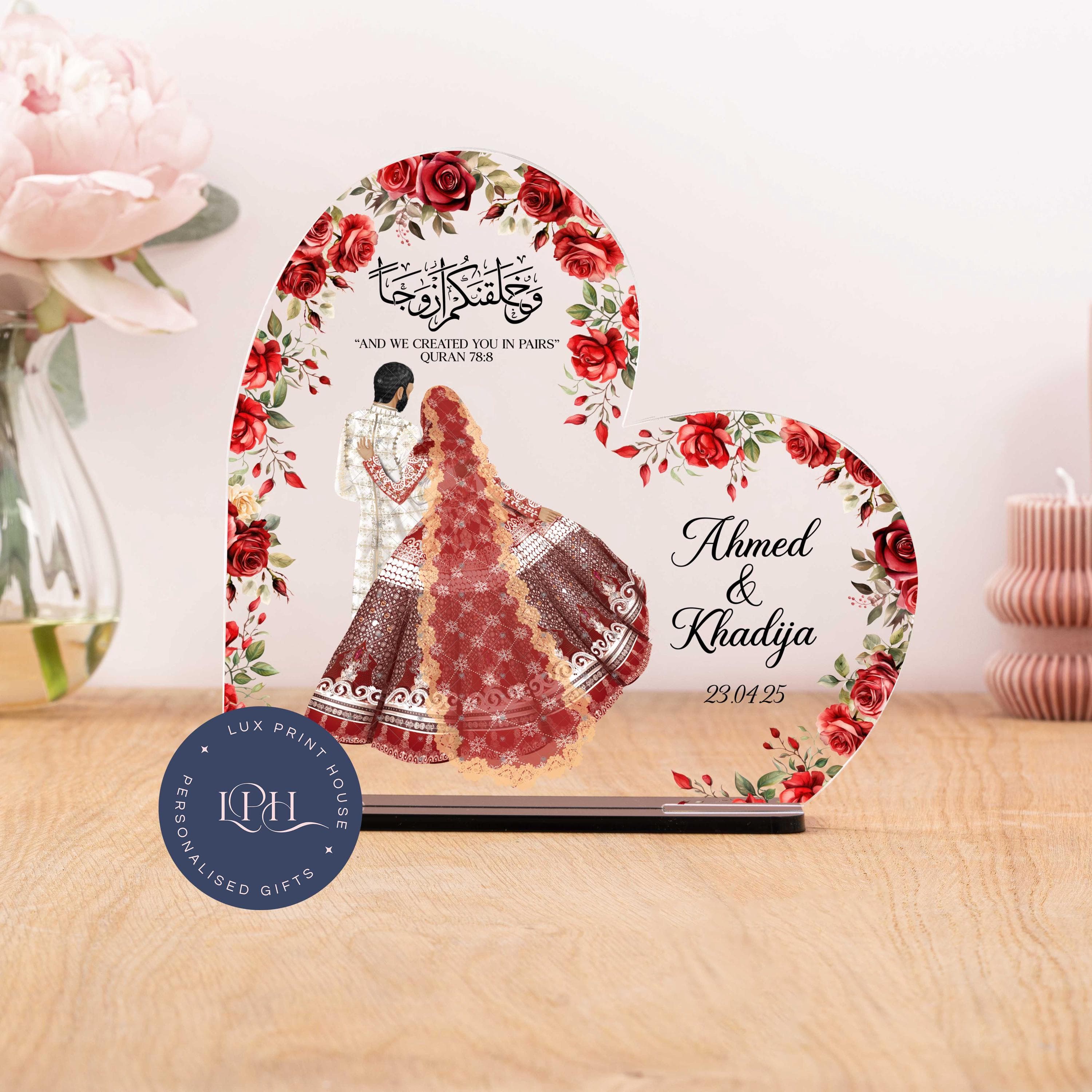 And we created you in pairs heart acrylic plaque, red Muslim wedding gift, wife, Nikkah Murabak, Islamic engagement gift, Pakistani wedding
