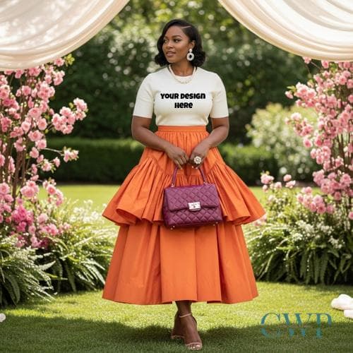 Black Woman T-Shirt Mockup | Modest Orange Skirt Fashion (Digital Download)