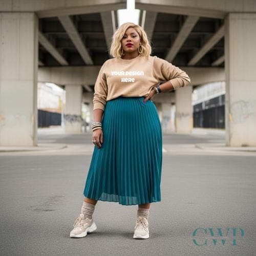 Black Woman Sweatshirt Mockup | Pleated Skirt Outfit (Digital Download)