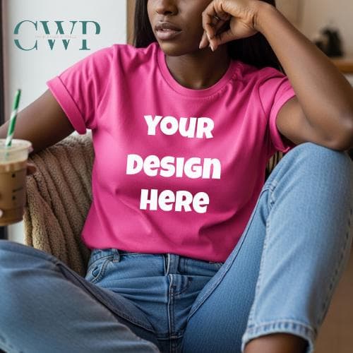 Pink Comfort Colors C1717 T-Shirt Mockup | Boho Lifestyle Female Model (Digital Download)