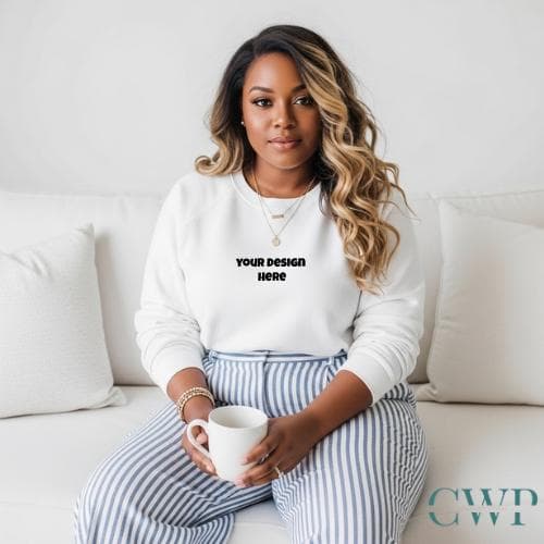 Black Woman White Sweatshirt Mockup | Casual Lifestyle Design Space (Digital Download)