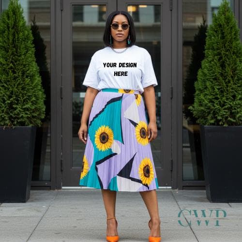 Christian T-Shirt Mockup for Faith Brands | Black Woman Sunflower Outfit Lifestyle Mockup