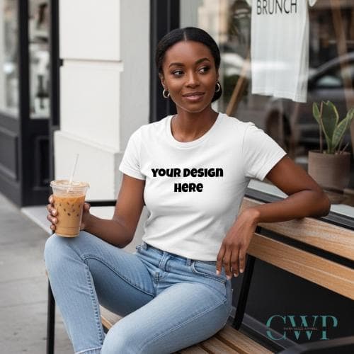 White T-Shirt Mockup | Female Model Outdoor Boho Style (Digital Download)