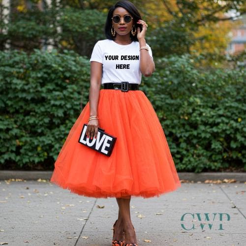 Christian T-Shirt Mockup for Faith Brands | Black Woman Orange Tulle Skirt Lifestyle Mockup