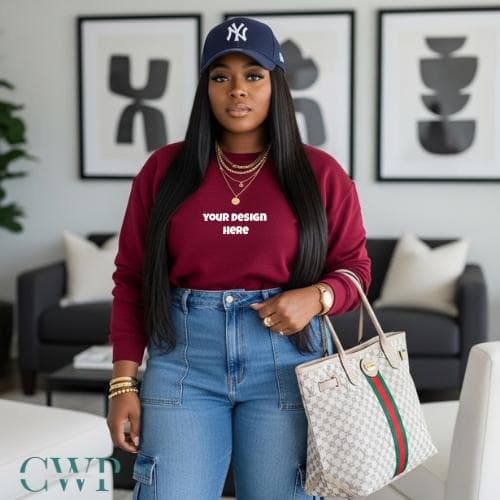 Black Woman Sweatshirt Mockup | Burgundy Lifestyle Casual (Digital Download)