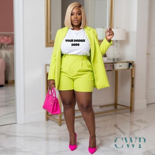 Black Woman T-Shirt Mockup | Neon Blazer Outfit, Bella Canvas 3001 (Digital Download)
