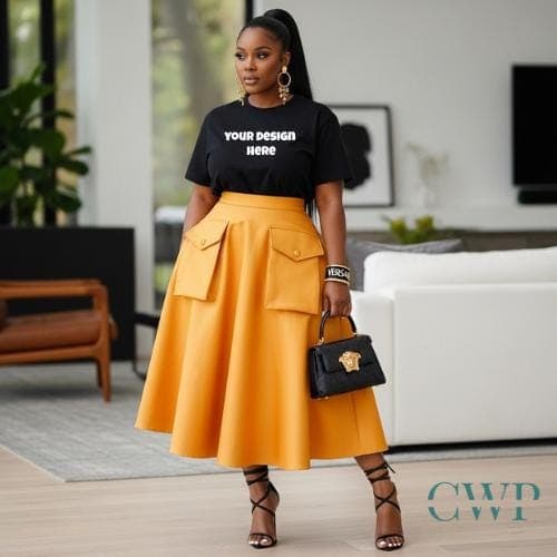 Christian T-Shirt Mockup for Faith Brands Black Woman Modest Fashion Mustard Skirt Lifestyle Mockup