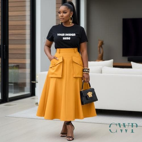 Christian T-Shirt Mockup: Black Woman, Modest Fashion, Mustard Skirt (Digital Download)