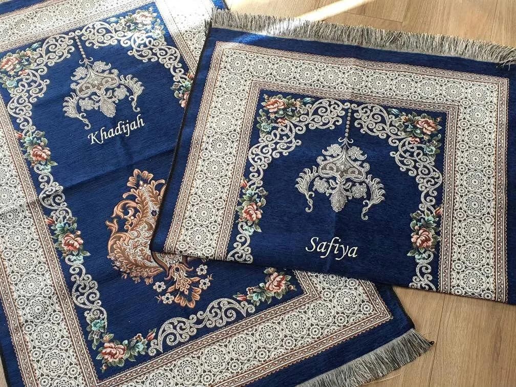 Premium Personalised Prayer Mat – Luxurious Custom Adult Sajada with Name Embroidery | Islamic Gift for Eid, Nikah Ramadan, Revert Navy Blue