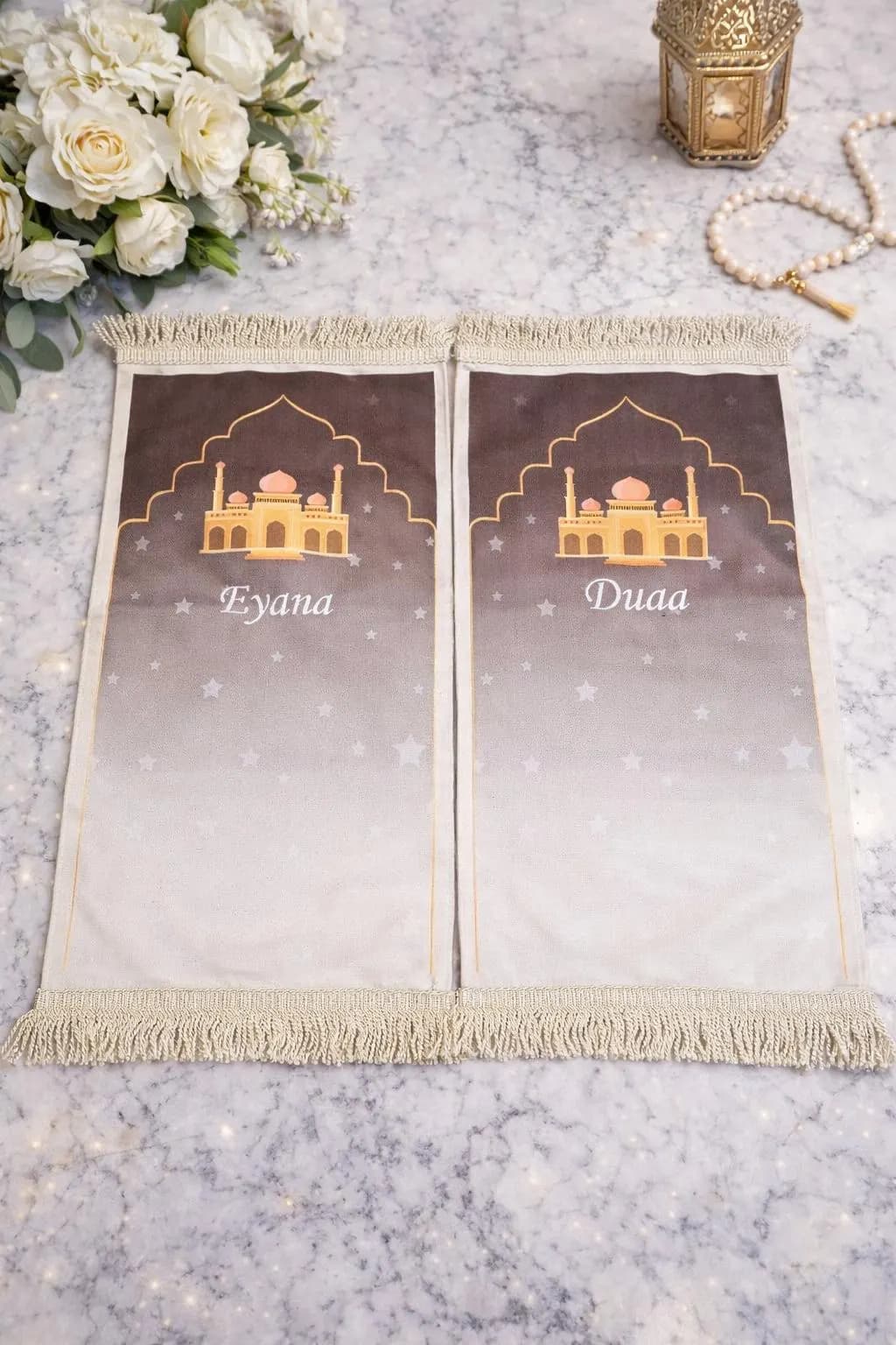 Personalised Kids Prayer Mat – Mini Muslim Sajada for Children | Ramadan Eid Gift | Islamic Prayer Rug Boys Girls | Musallah Janamaz | Beige