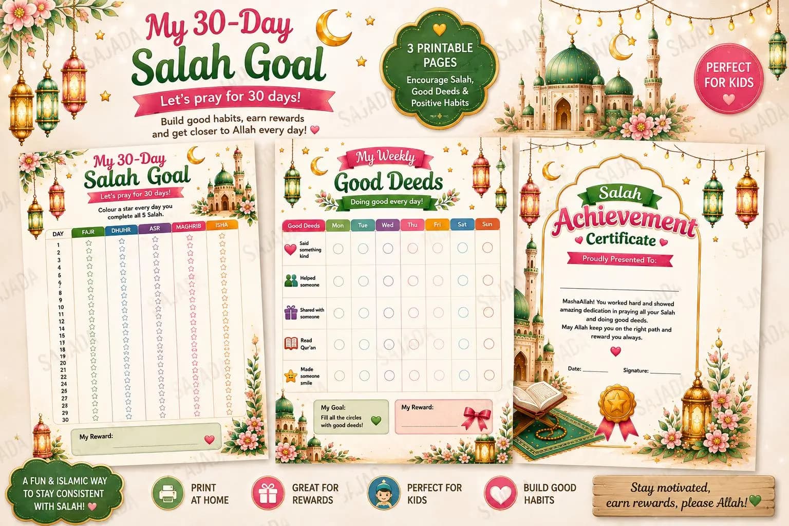 Kids Salah Reward Chart | 30-Day Salah Tracker, Good Deeds  and Achievement Certificate | Islamic School & Madrassah Printable