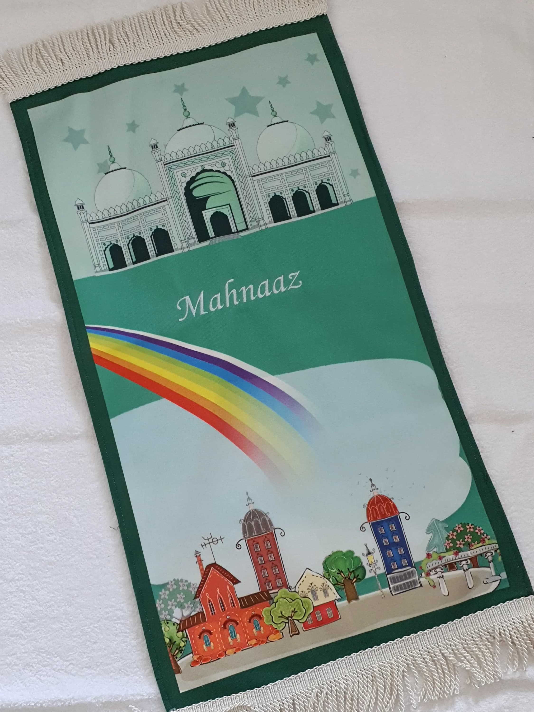 Personalised Kids Prayer Mat – Mini Muslim Sajada for Children | Ramadan Eid Gift | Islamic Prayer Rug Boys Girls | Green Prayer Mat