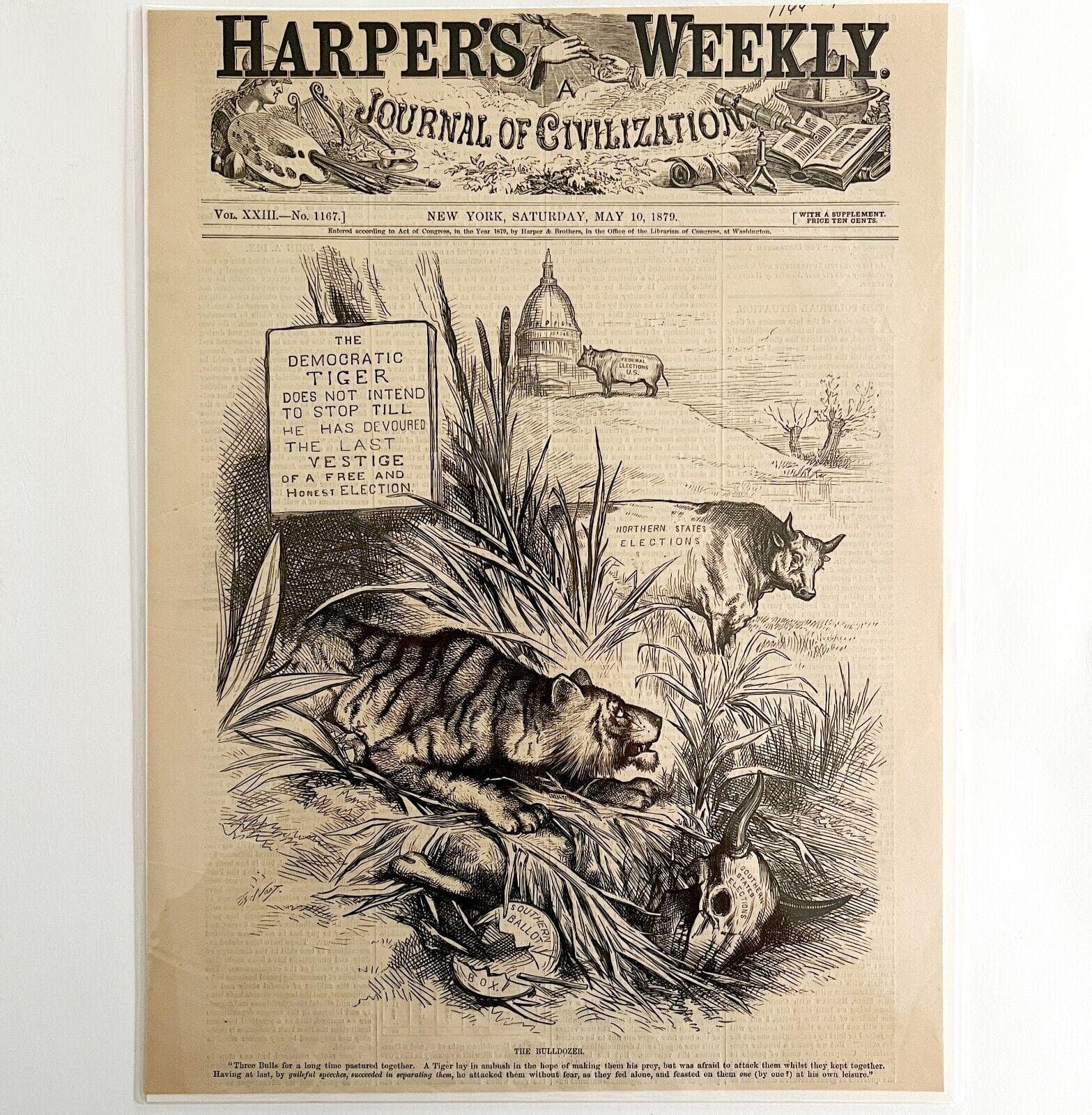 Thomas Nast 1879 Victorian Woodcut Engraving Harper's Cover Tiger LGBinTN1 - image 2